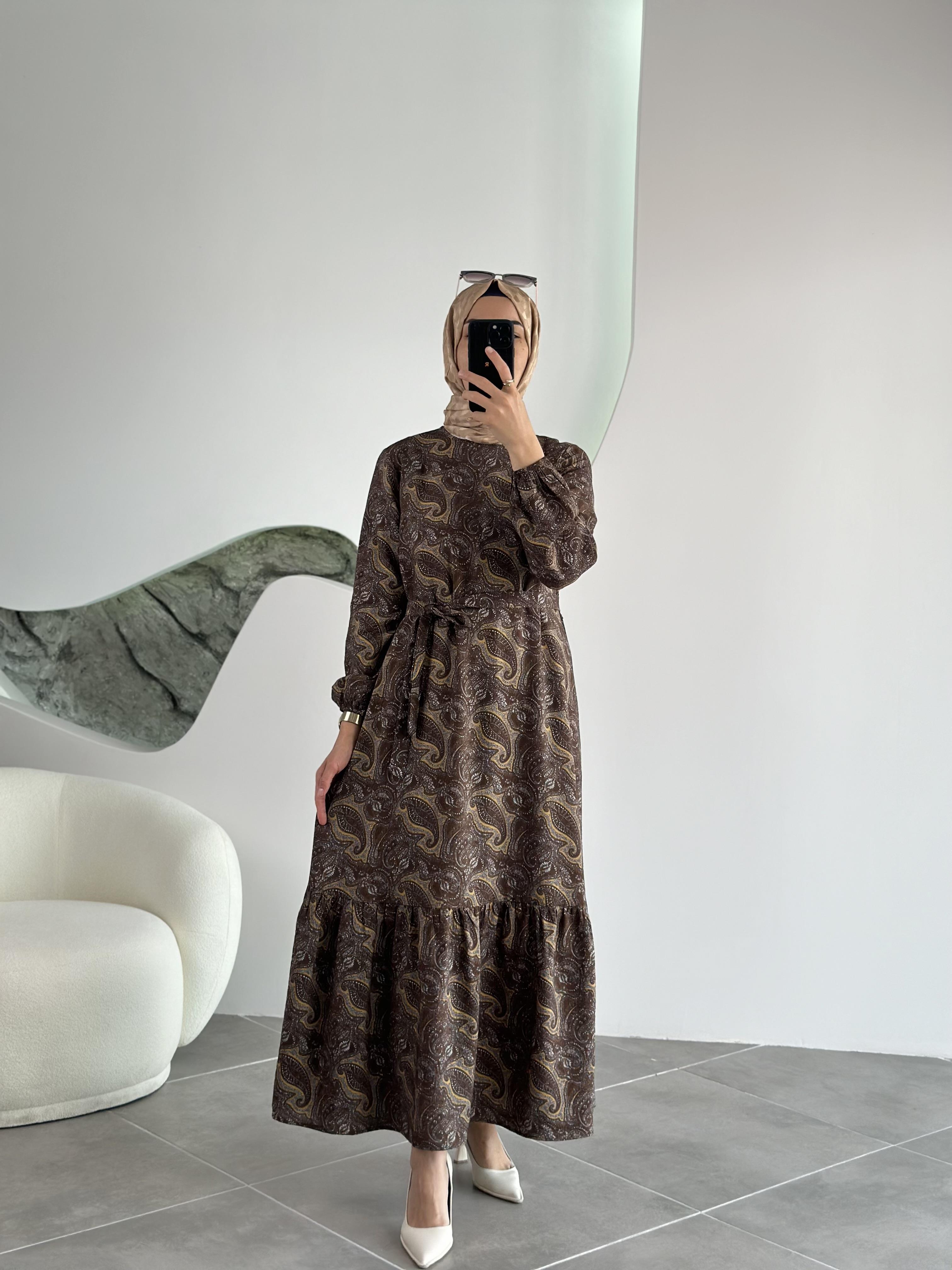 Armine Trend Etnik Desenli Elbise 25YT935 Kahverengi  