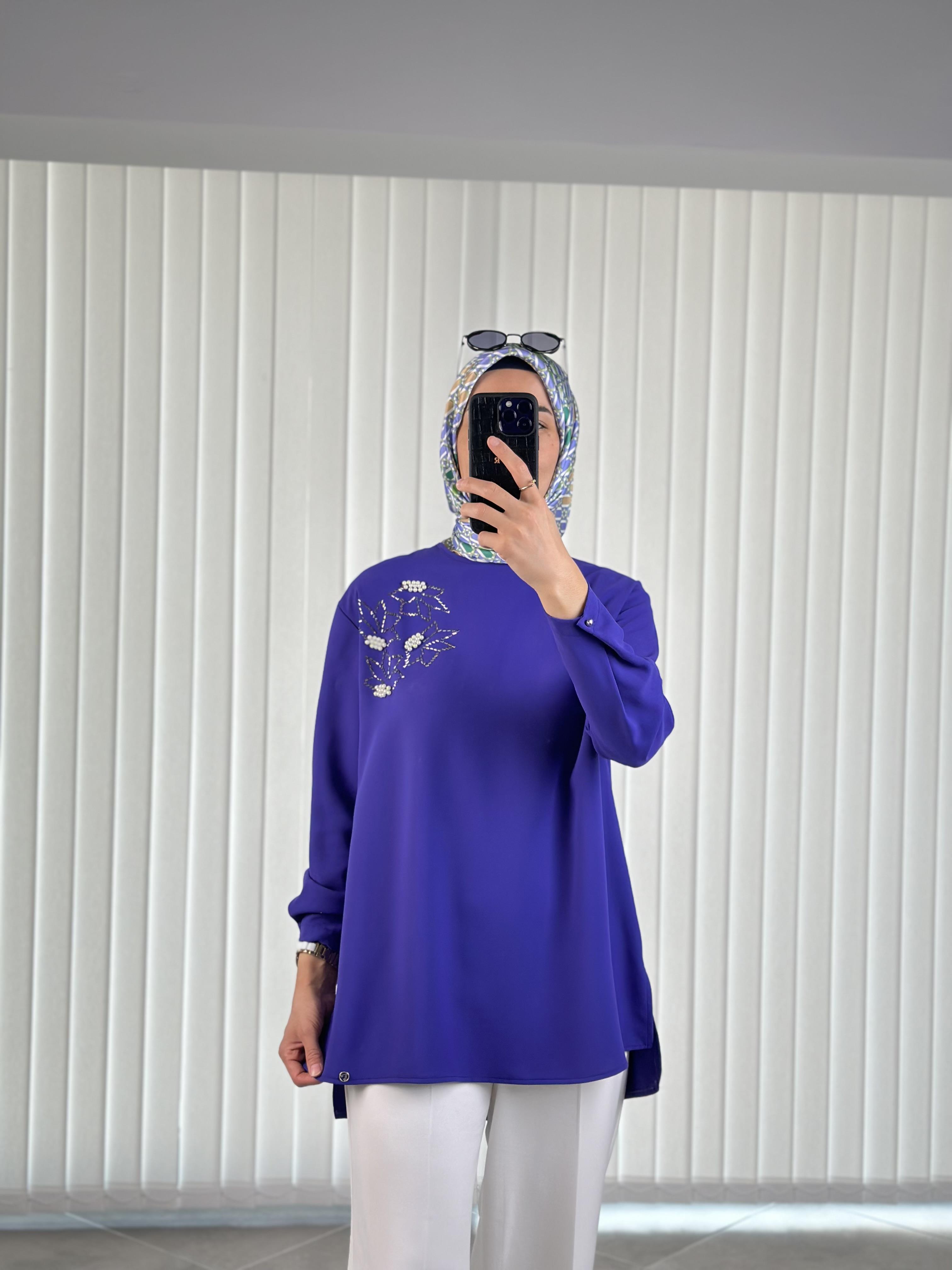 Armine Trend İnci Ve Taş Detaylı Tunik 25YT443 Morcivert 