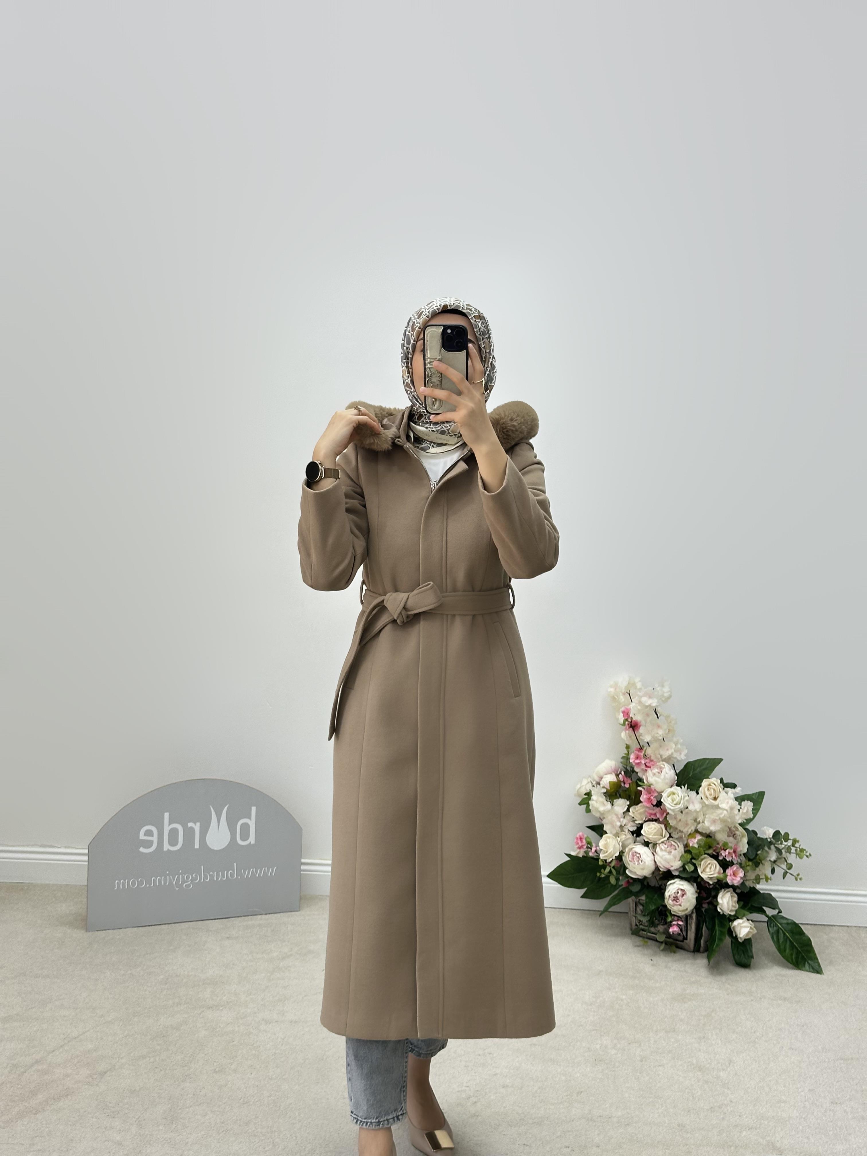 Armine Trend Kapüşonlu Kaşe Kaban 24KT742 Vizon 