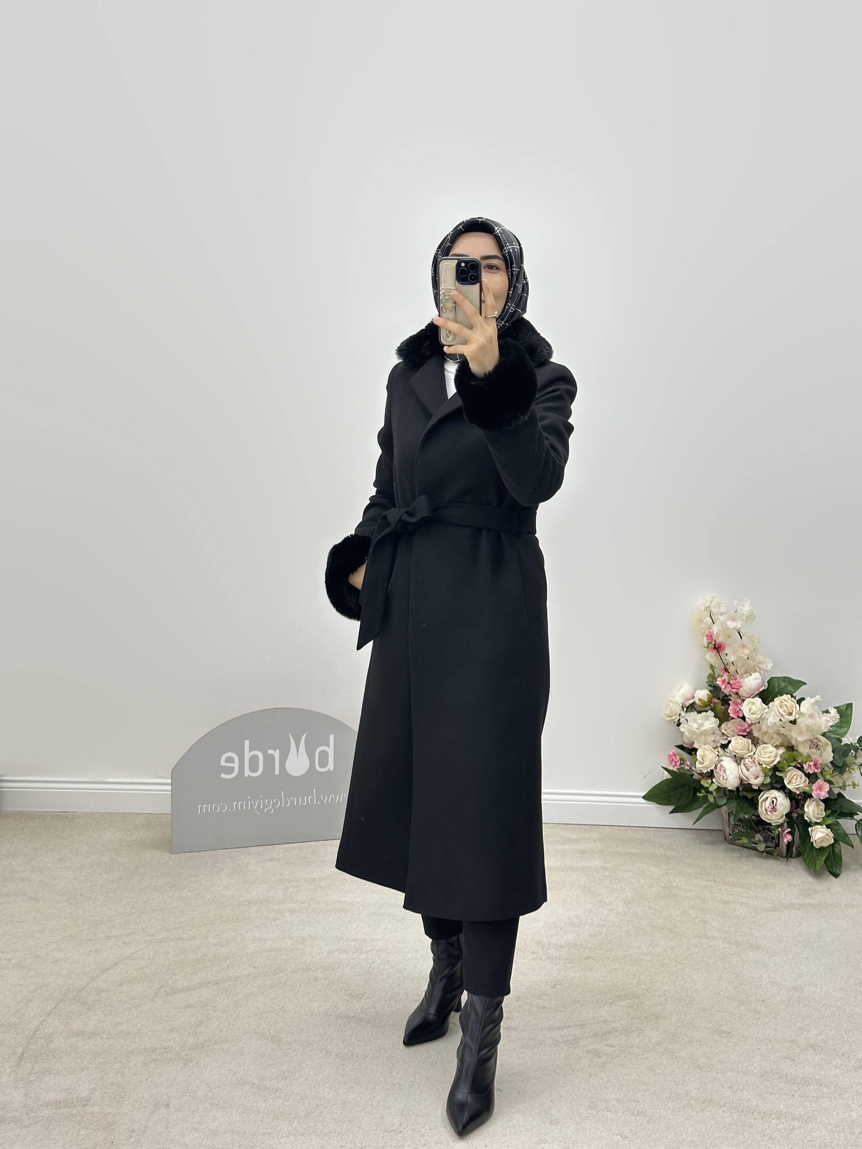 Armine Trend Kürklü Kaşe Kaban 24KT816 Siyah