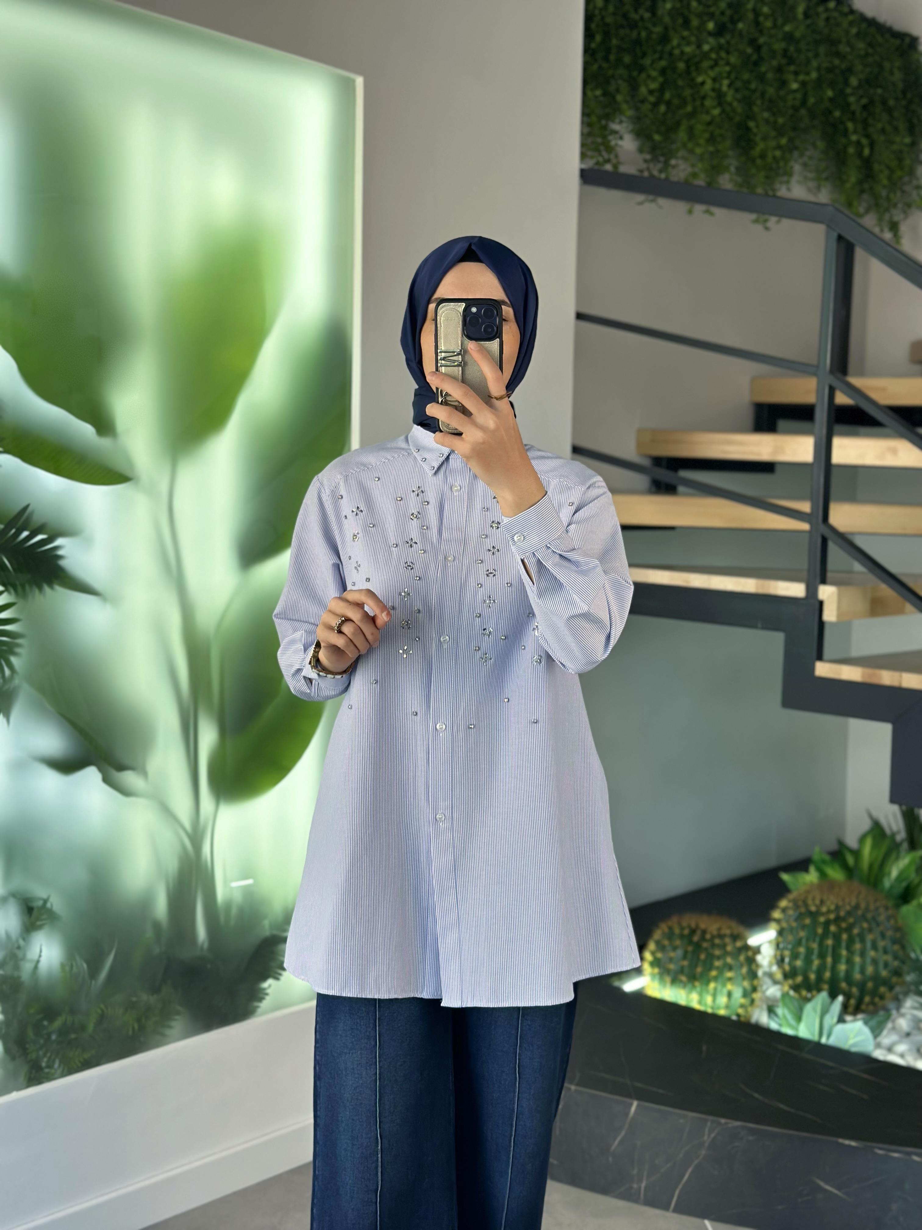 Armine Trend Ön Bedeni Taşlı Gömlek 24YT417 Mavi 