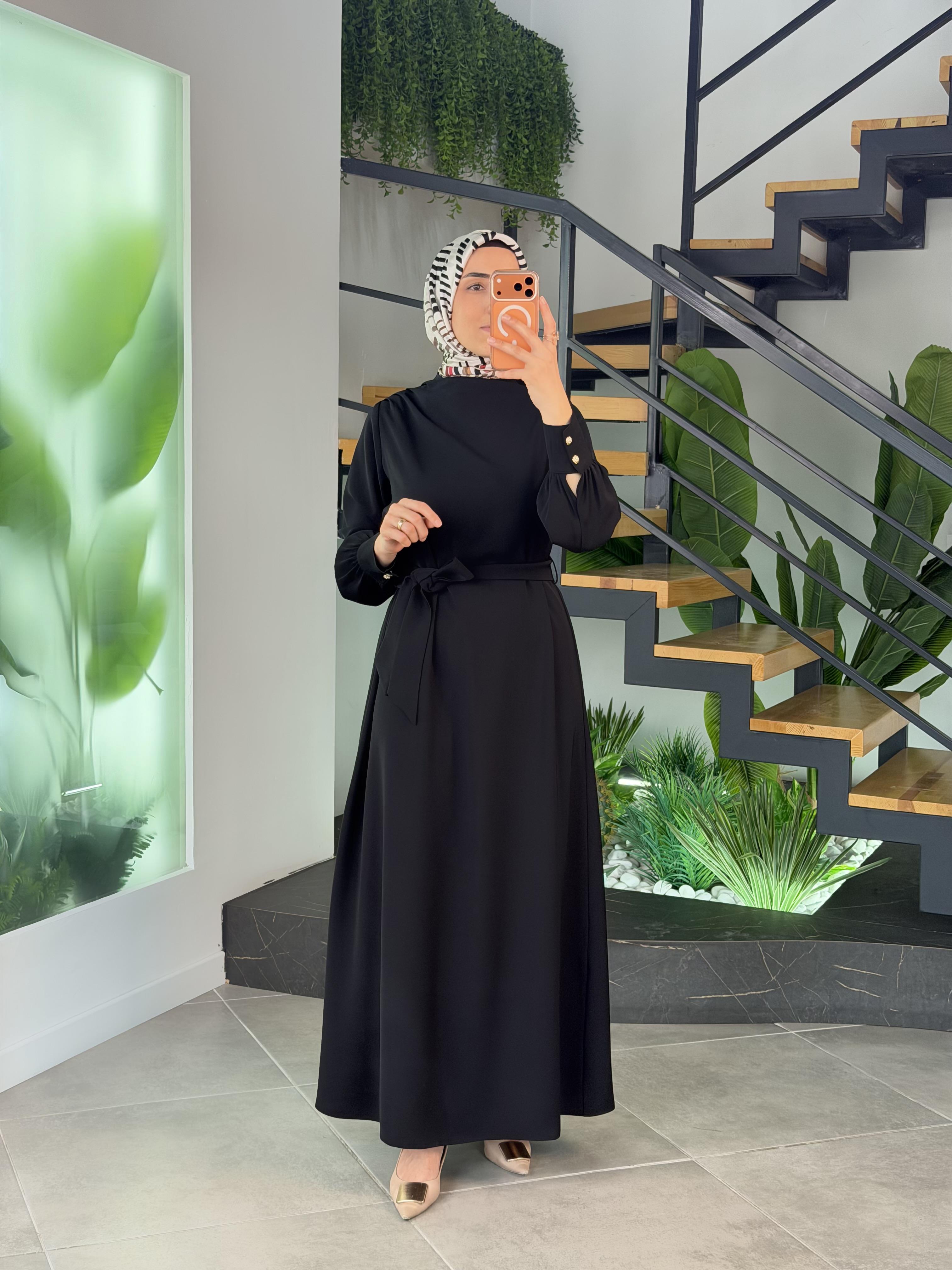 Armine Trend Seyyar Kemerli Krep Elbise 26YT904 Siyah