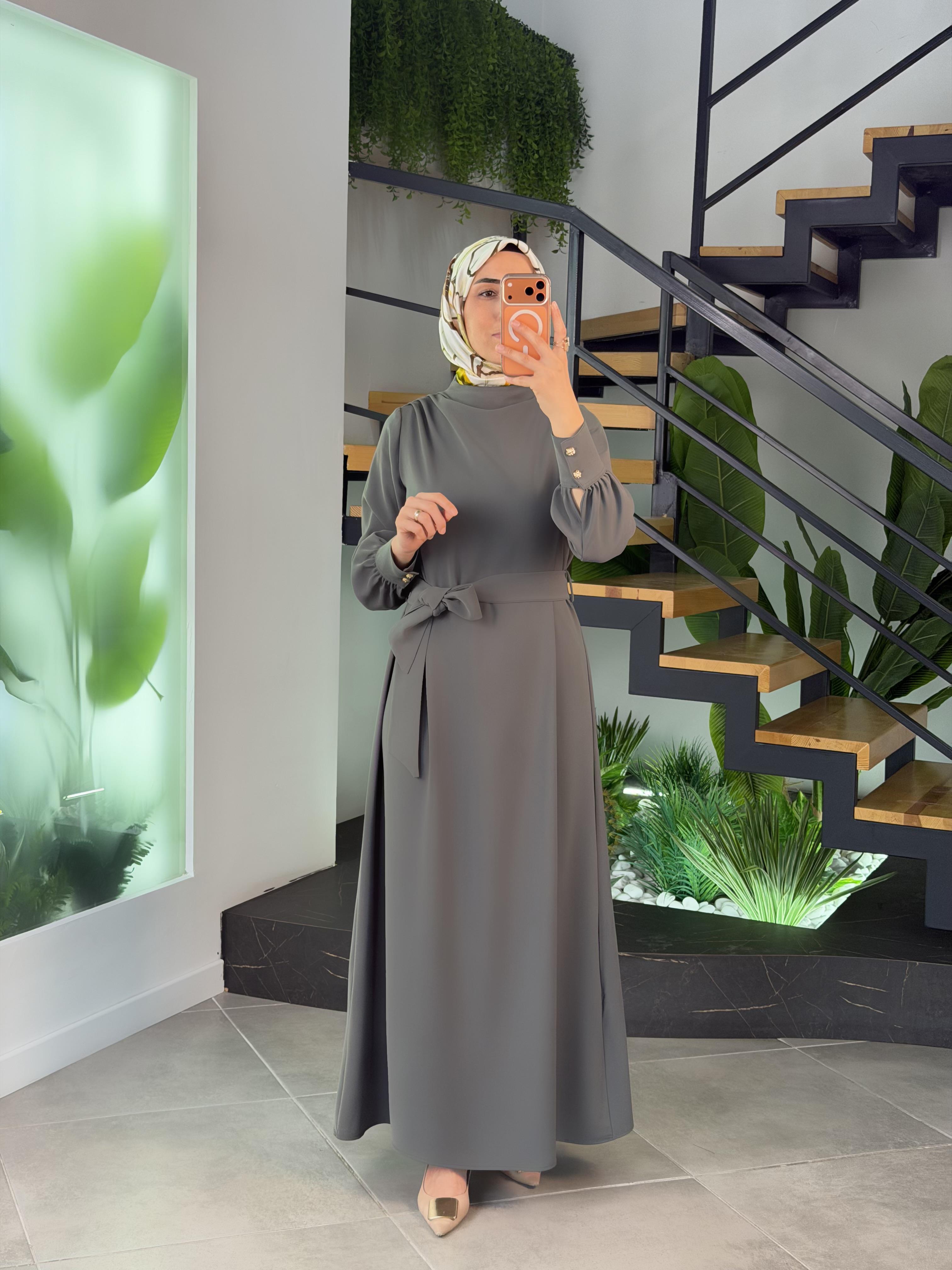 Armine Trend Seyyar Kemerli Krep Elbise 26YT904 Haki