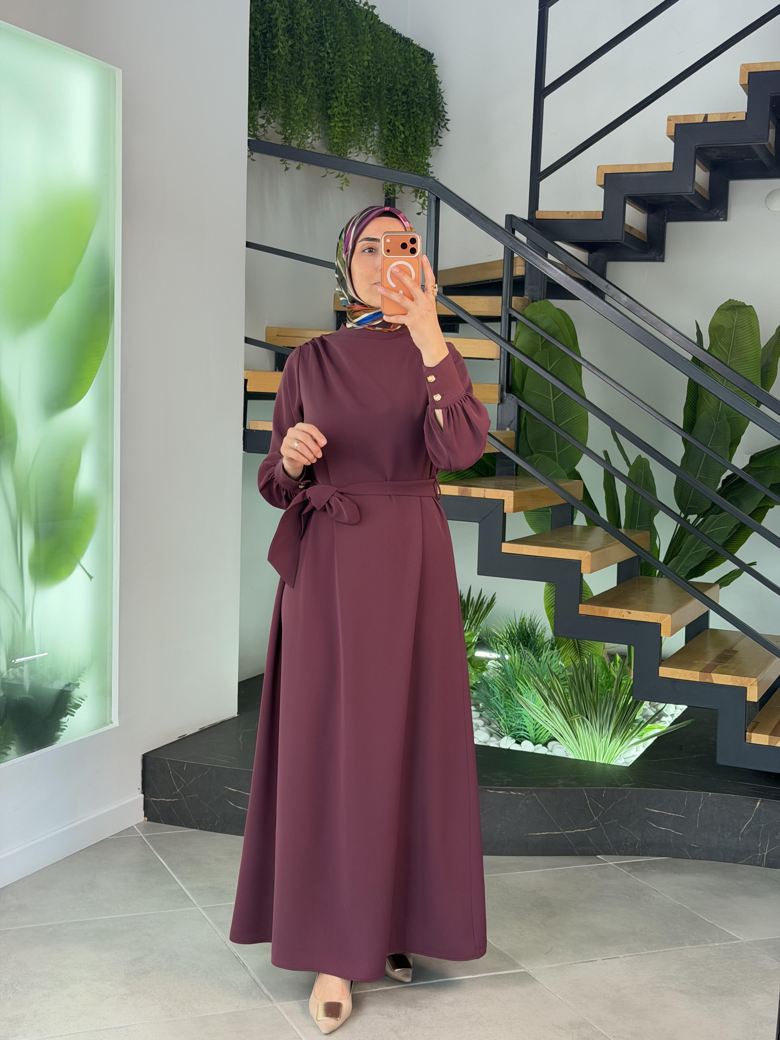 Armine Trend Seyyar Kemerli Krep Elbise 26YT904 Mürdüm