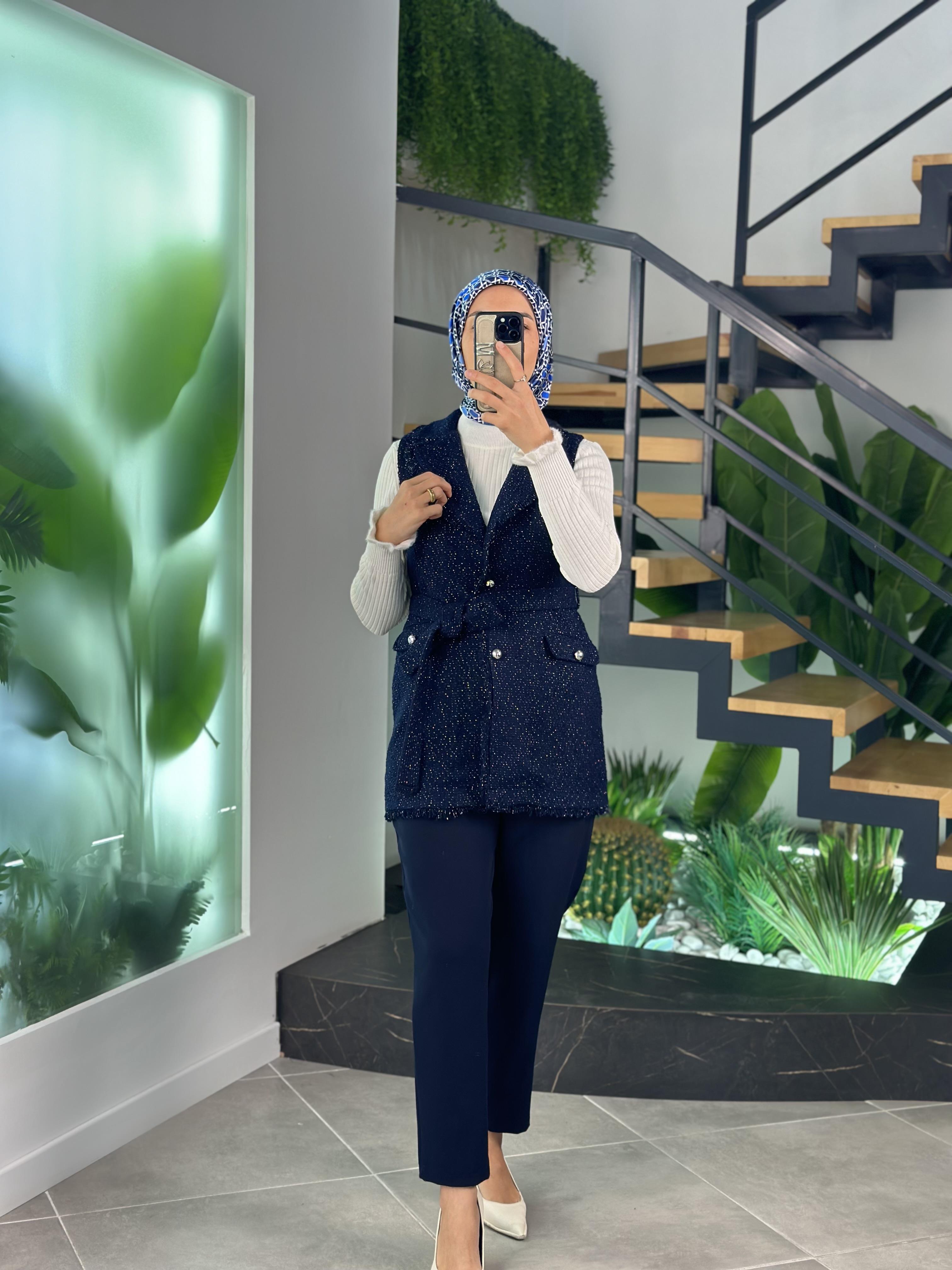 Armine Trend Simli Tüvit Yelekli Takım 25KT638 Lacivert