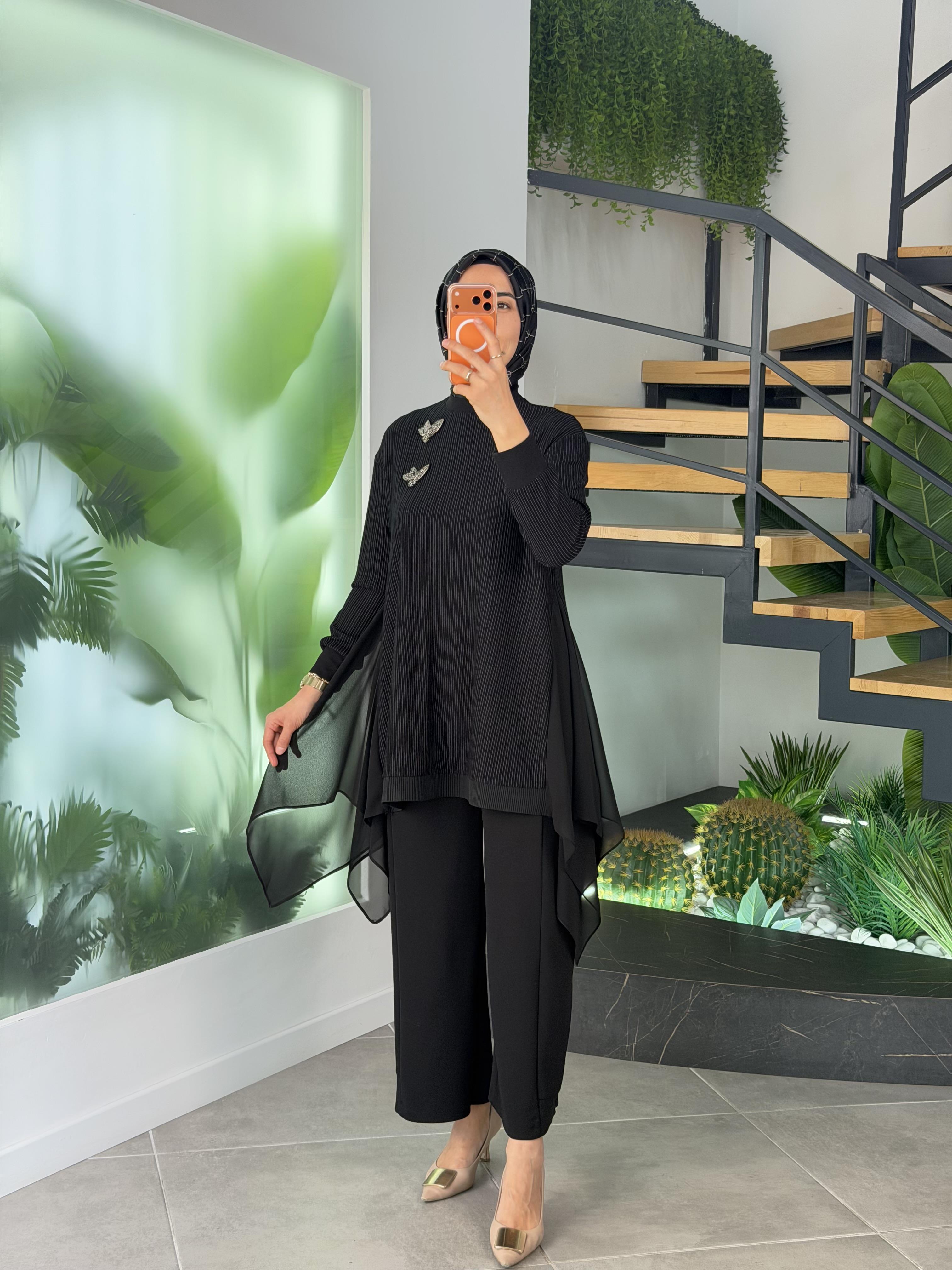 Armine Trend Yanları Şifon Garnili Pantolonlu Takım 25KT69 Siyah