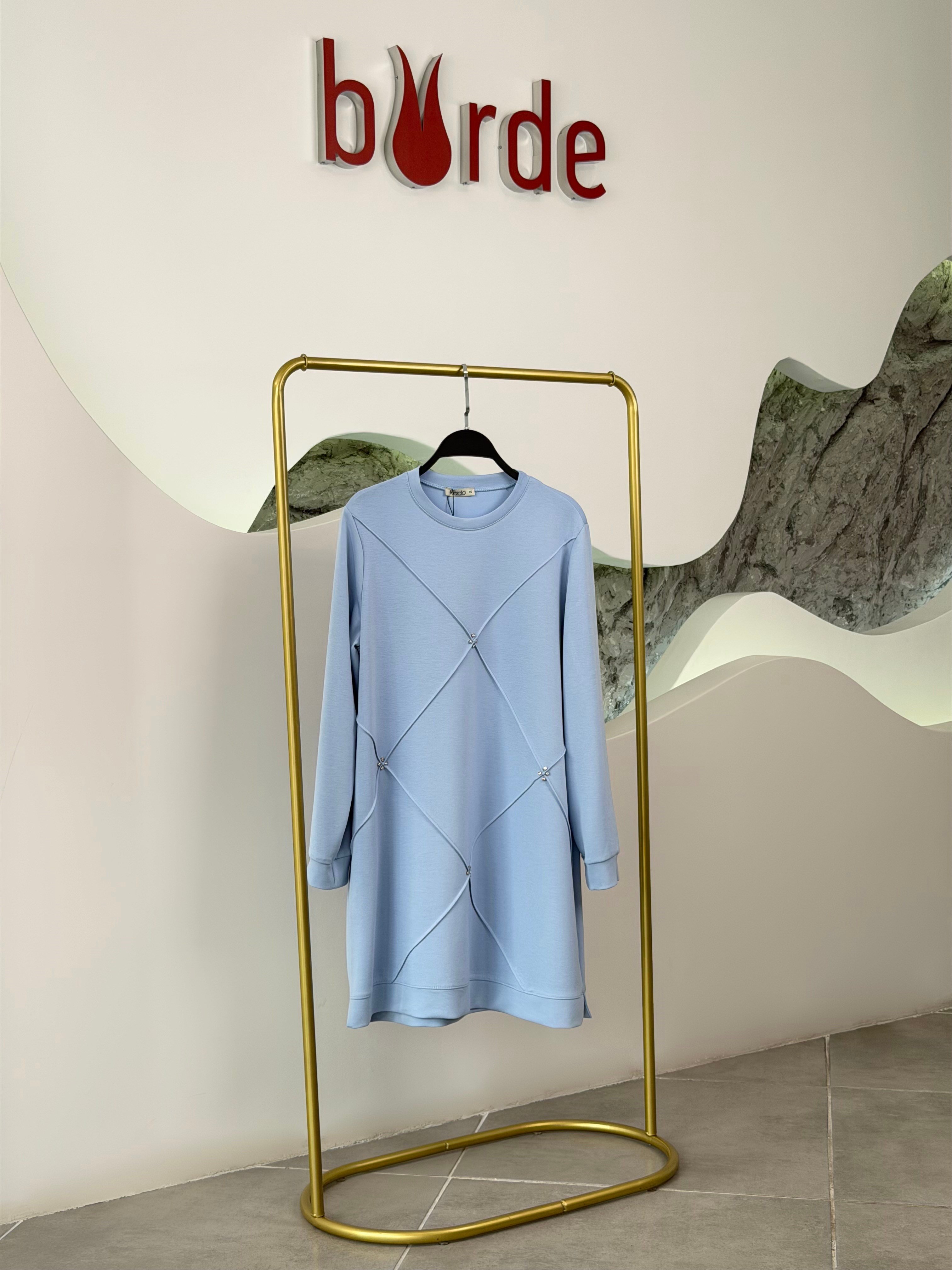 Bebe Mavi Renk Nervürlü Ve Taşlı Tunik