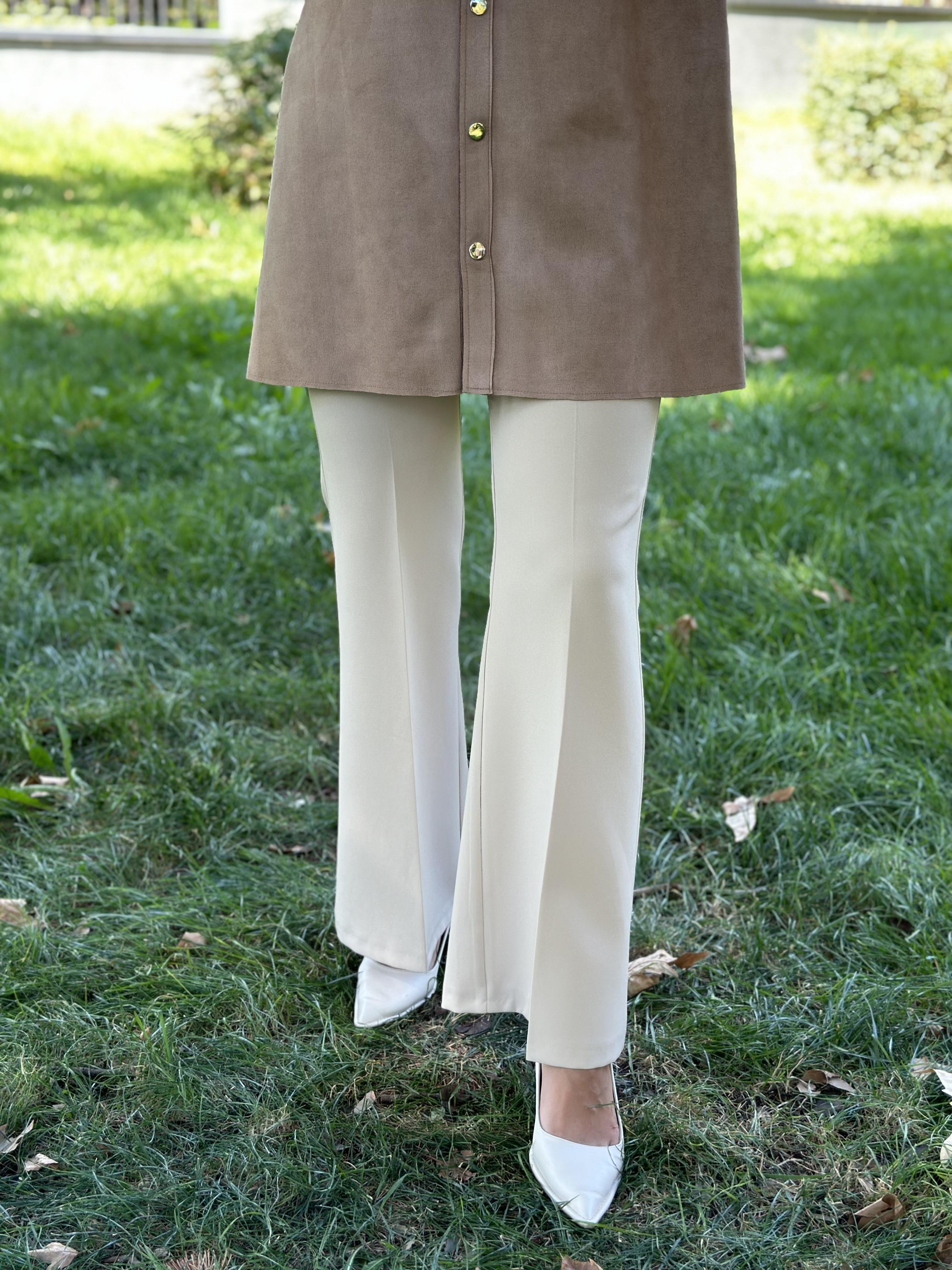 Beli Lastikli Bej Renk Kadın İspanyol Paça Pantolon