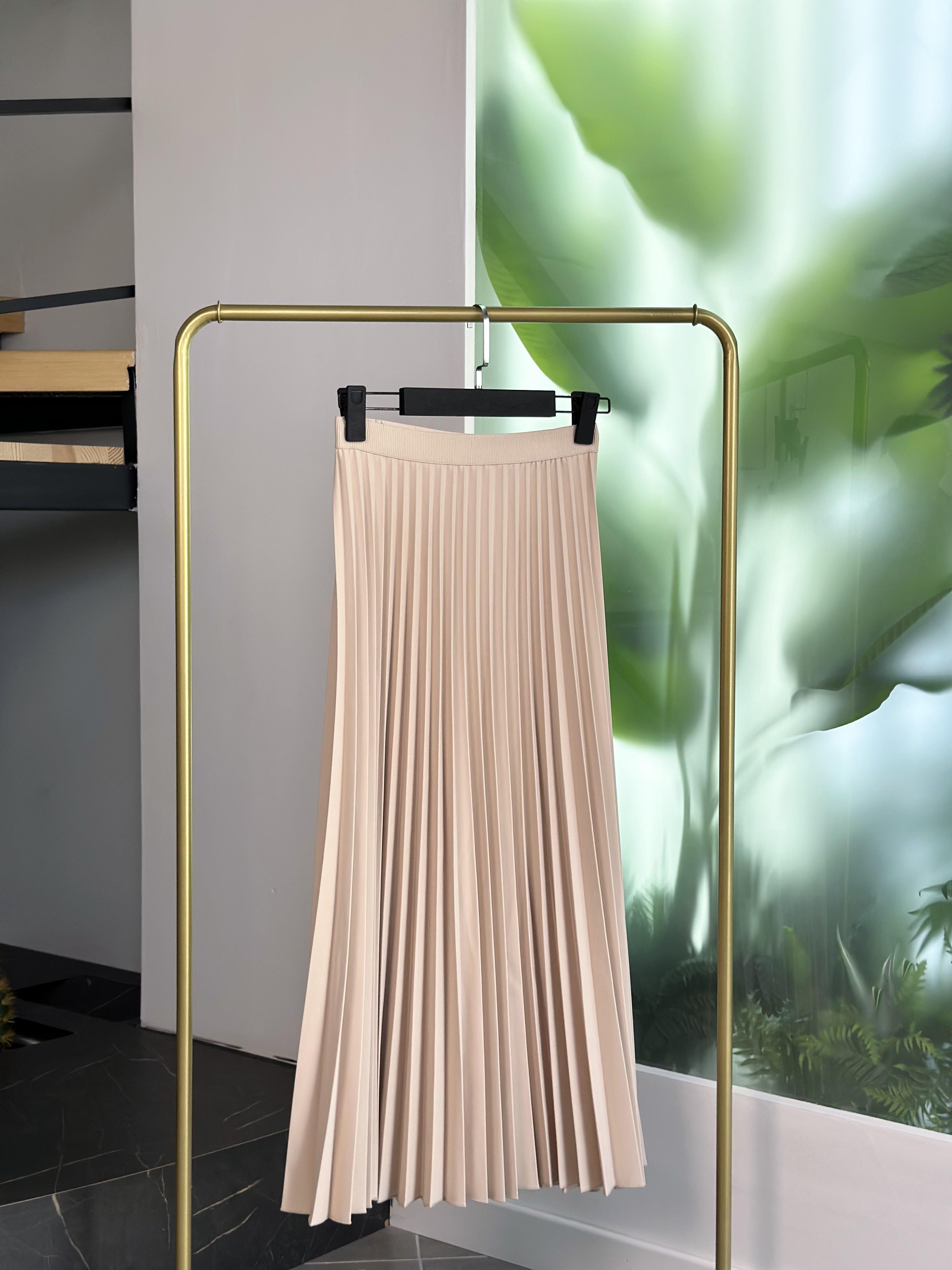 Beli Lastikli Bej Renk Kadın Piliseli Etek