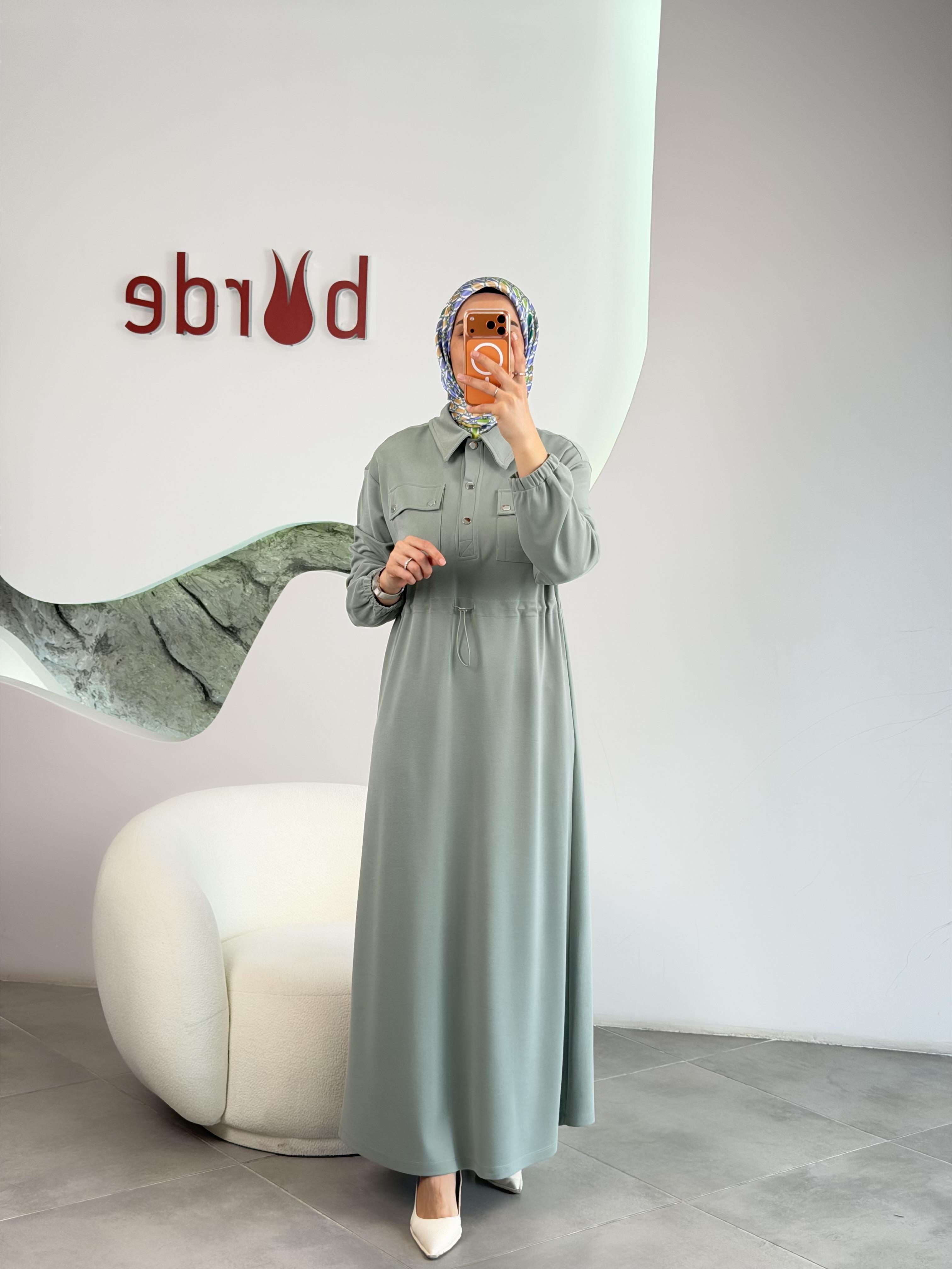 Beli Tünelli Gömlek Yaka Mint Renk Kadın Elbise