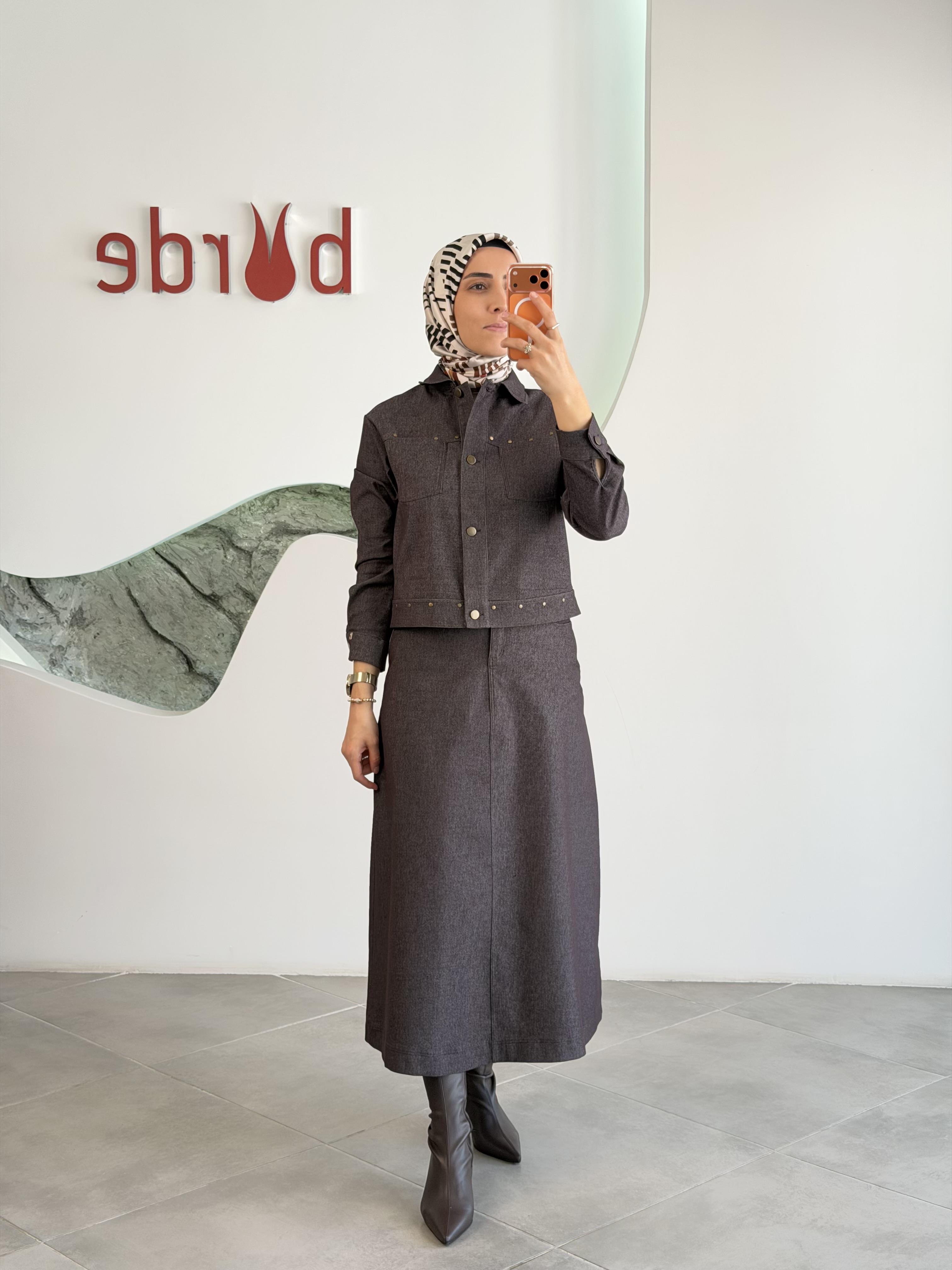 Belli Denim Zımba Detaylı Etekli  Takım 25K6013 Kahverengi