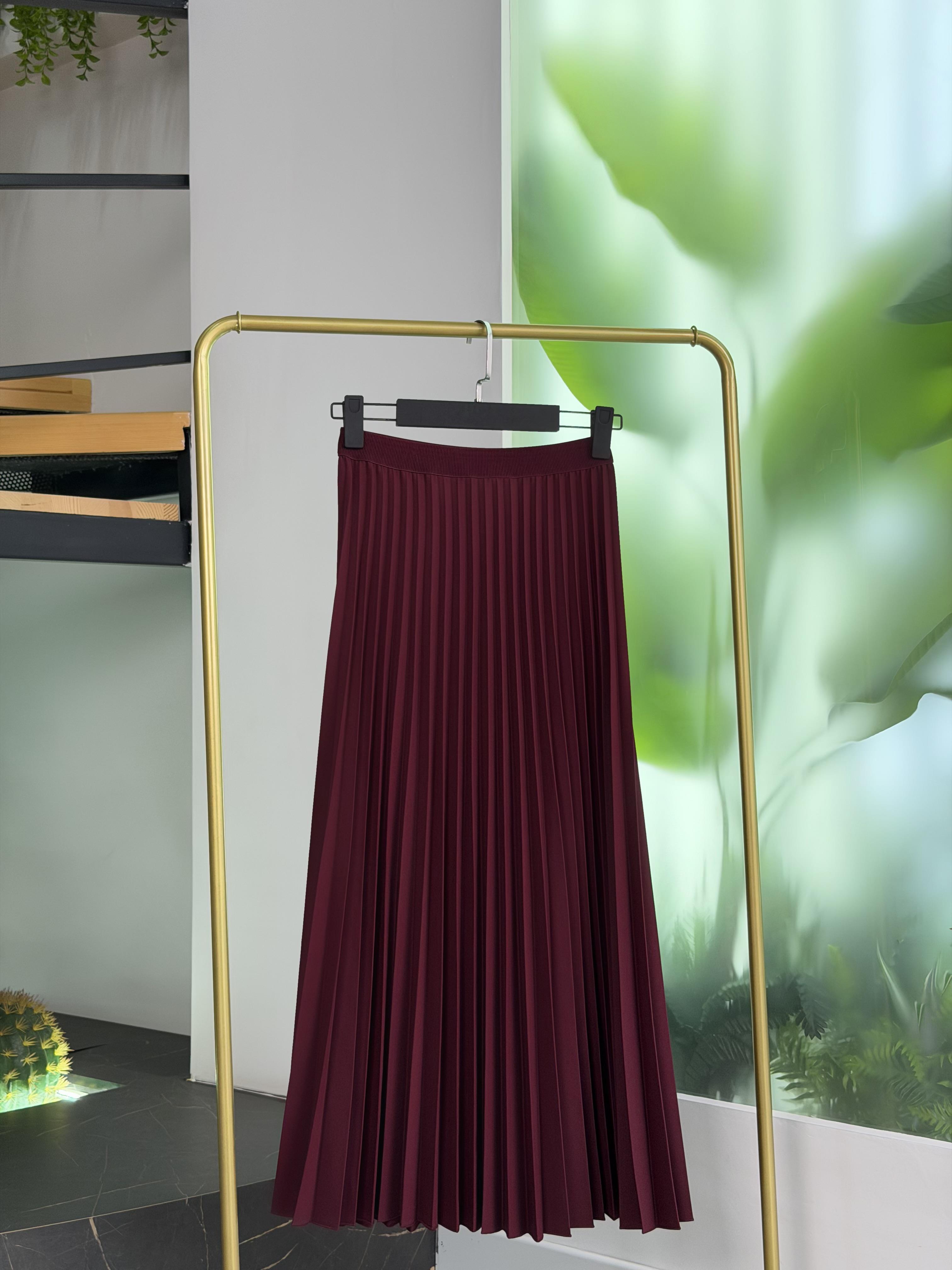 Bordo Renk Beli Lastikli Piliseli Etek