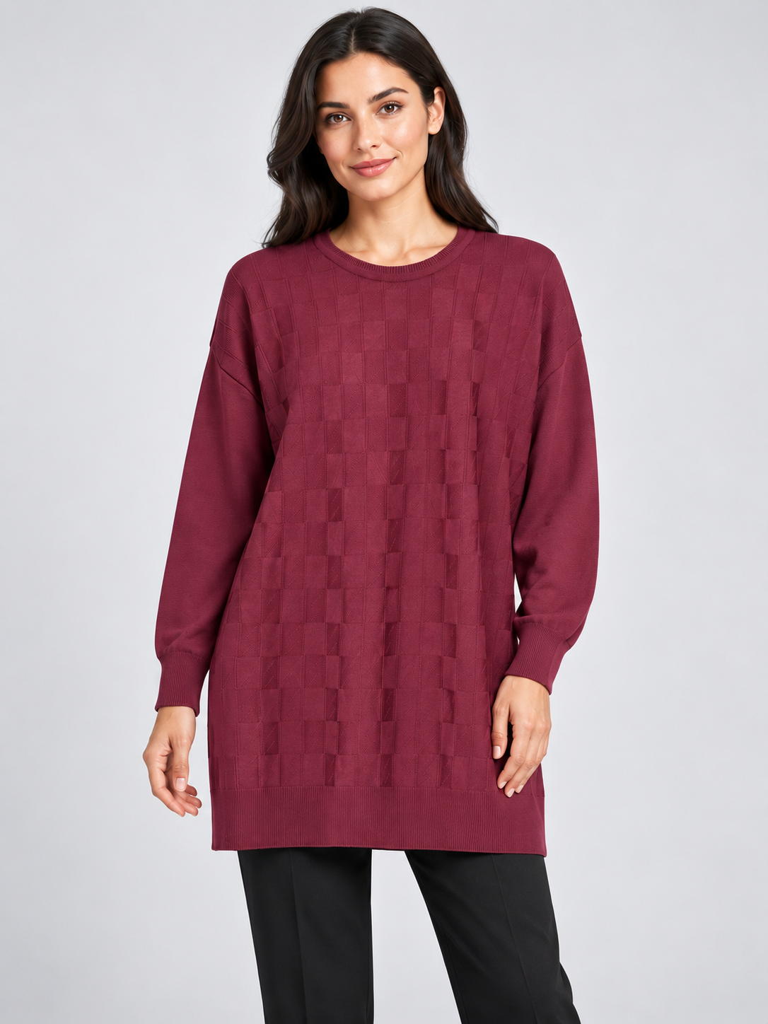 Bordo Renk Dama Desenli Merserize Tunik