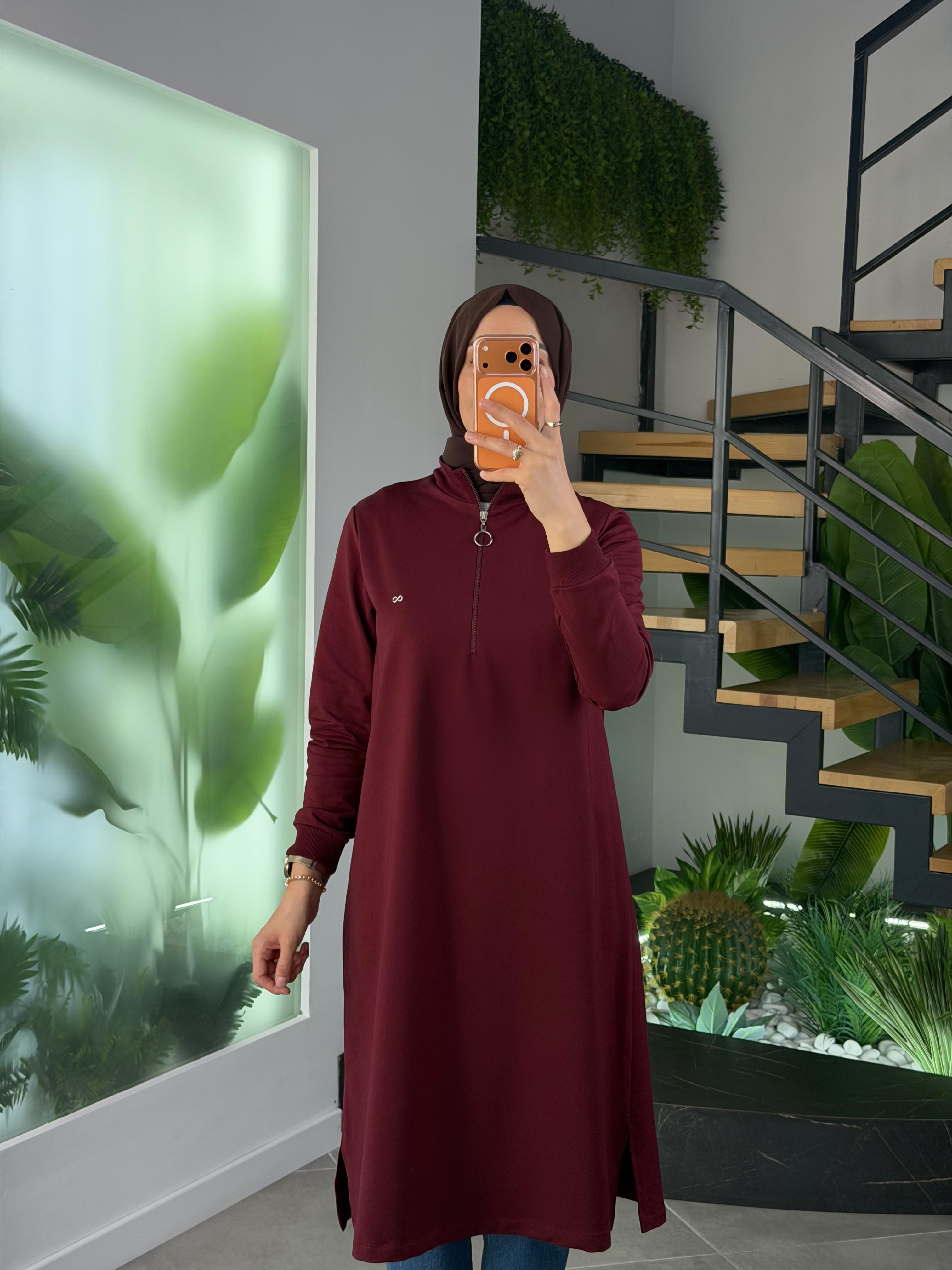 Bordo Renk Yarım Fermuarlı Basıc Kadın Tunik