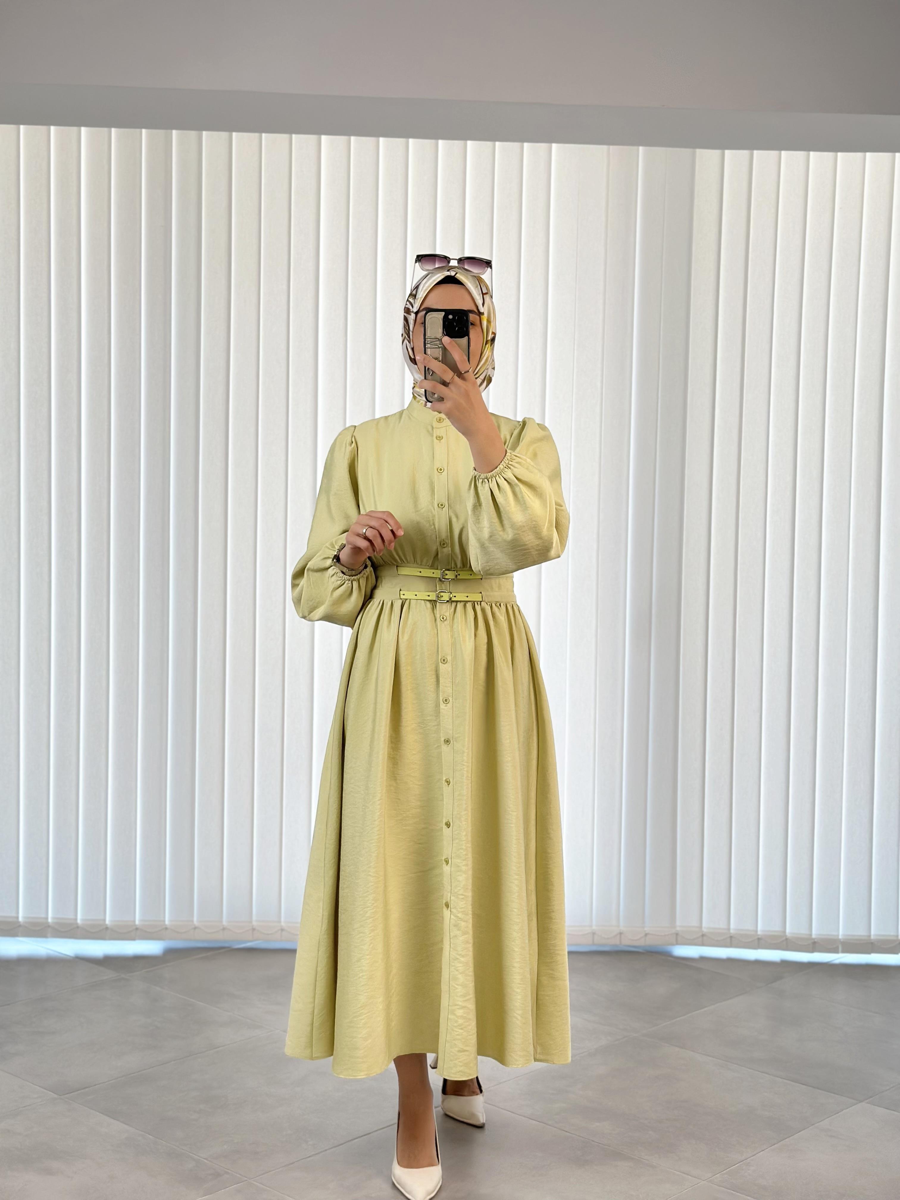 Boydan Düğmeli Beli Kemerli Olive Renk Kadın Elbise