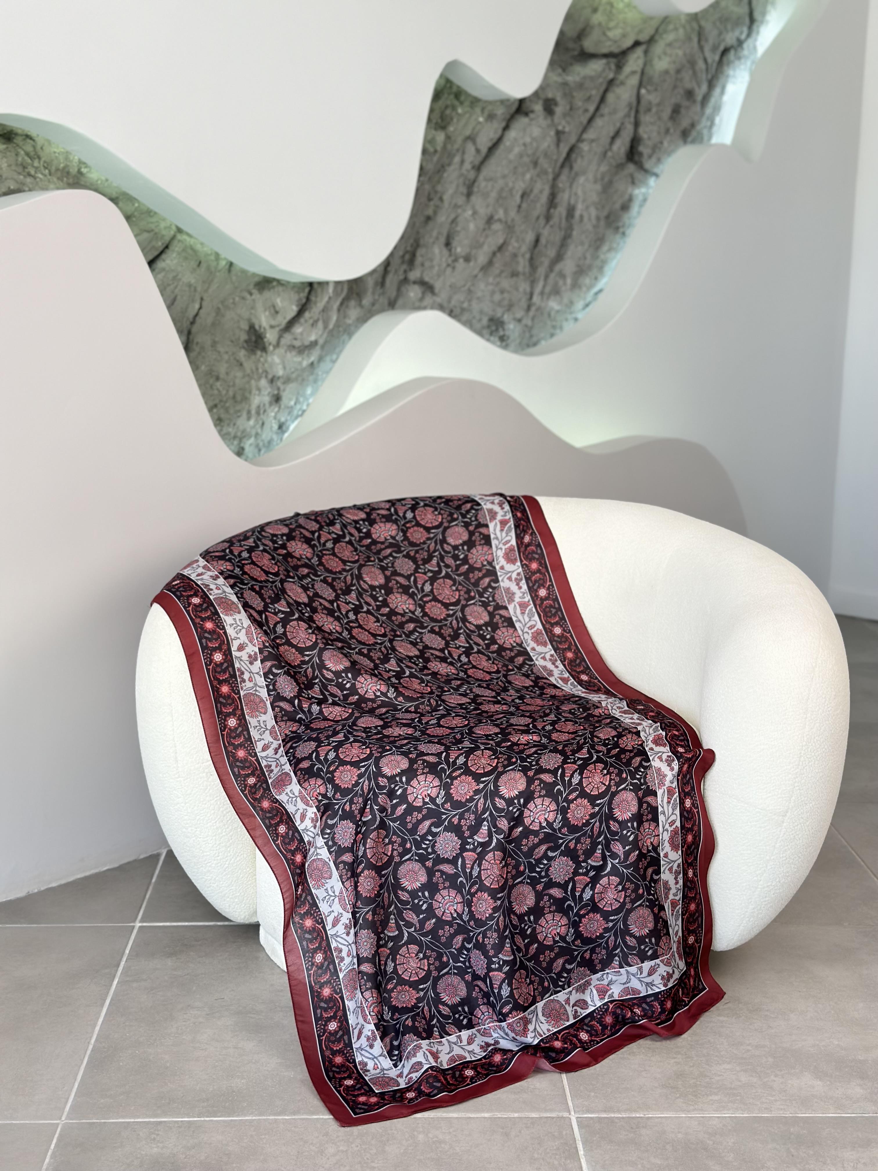 Çini Desenli Soft  Şal Bordo-Siyah