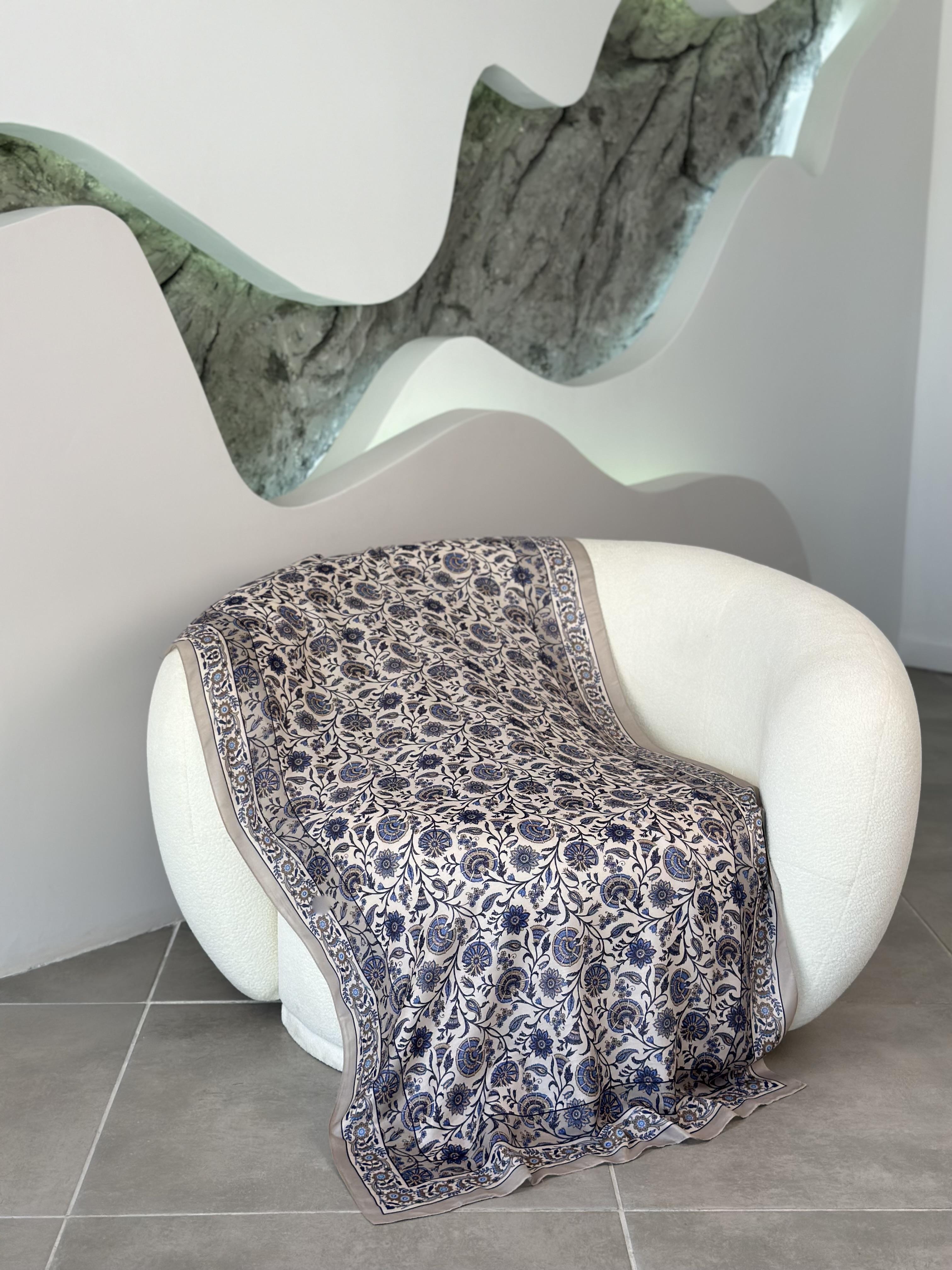 Çini Desenli Soft  Şal Vizon-Mavi