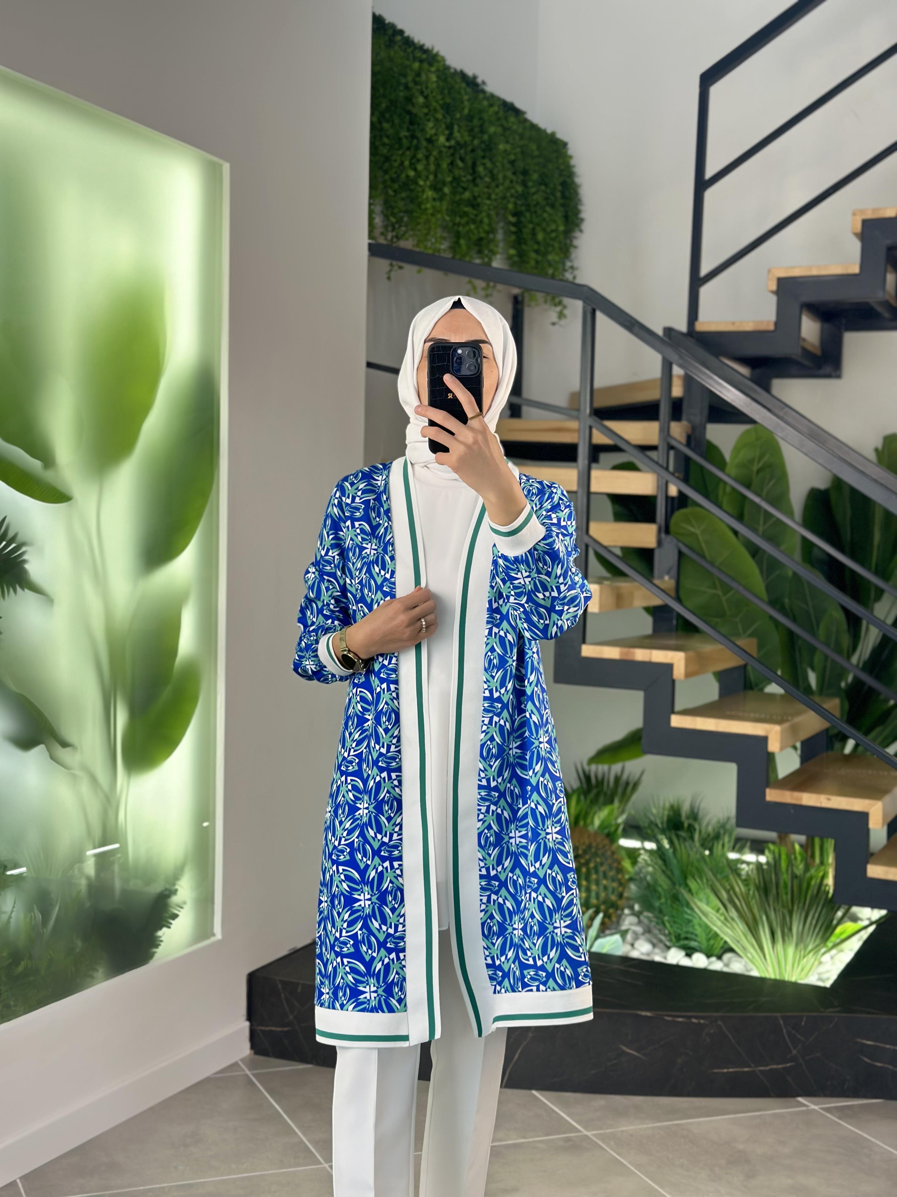 Dijital Baskılı Mavi Renk Kadın Kimono