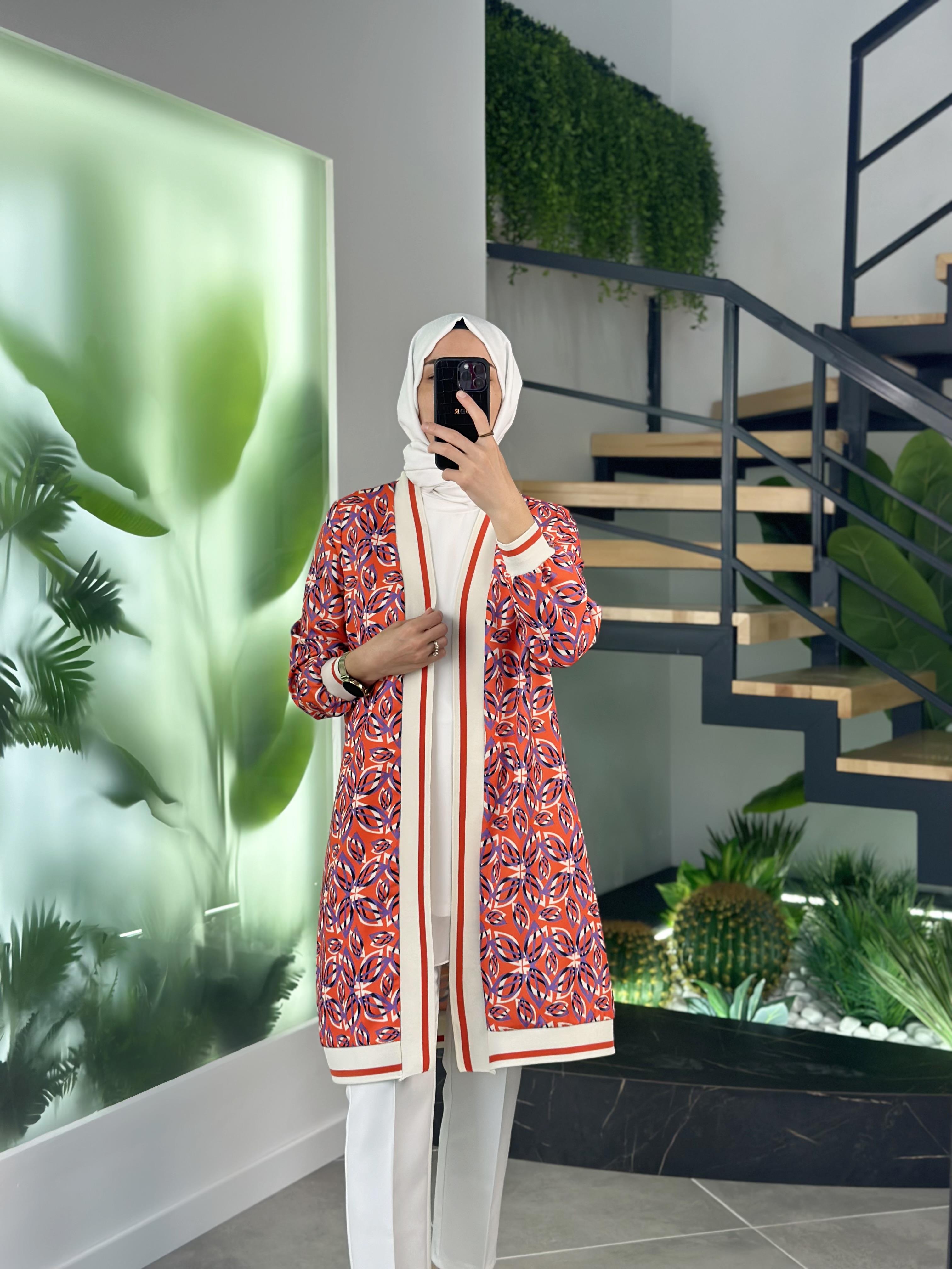 Dijital Baskılı Oranj Renk Kadın Kimono