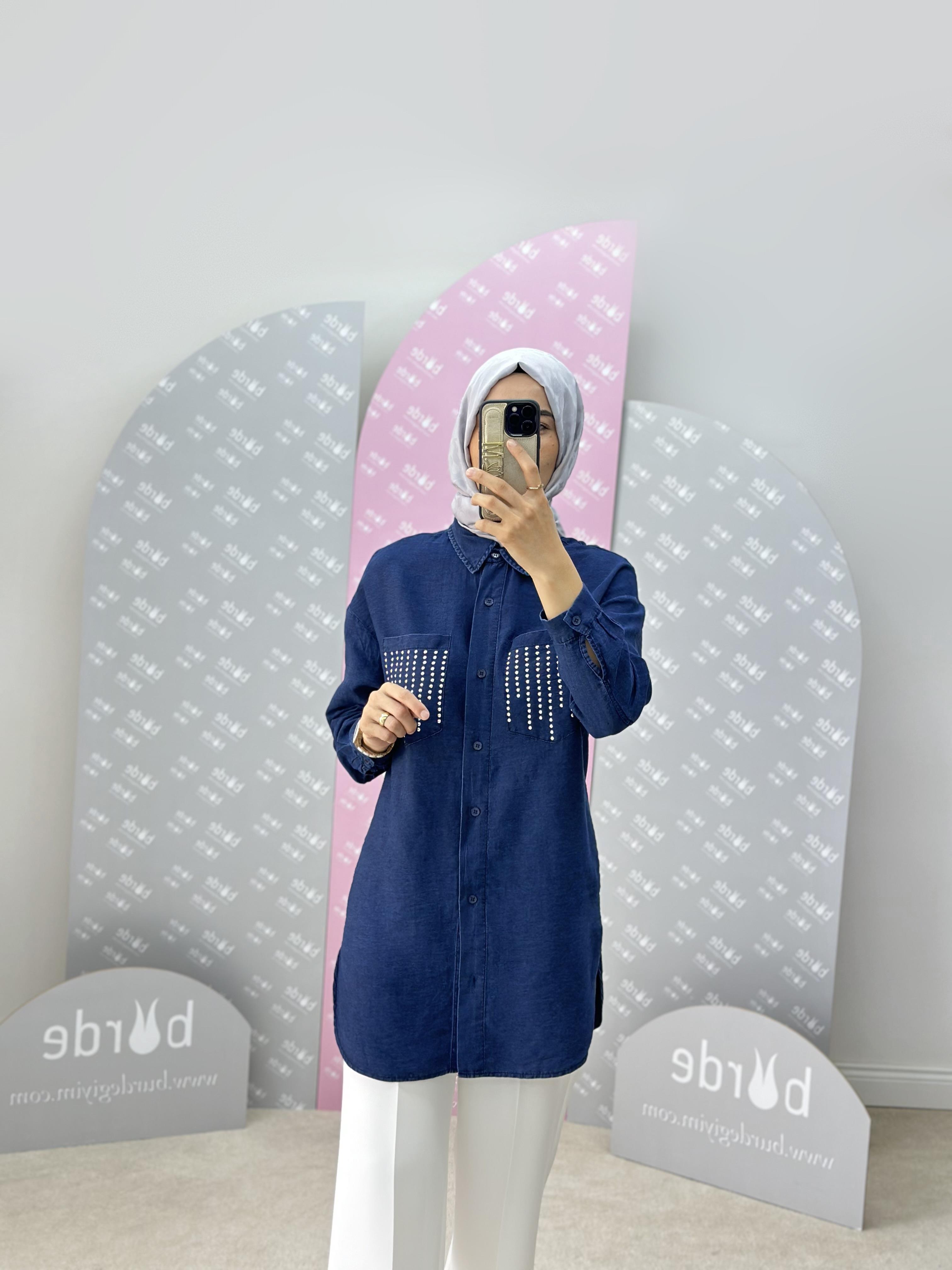 Doğal Kumaşlı Taş İşlemeli Gömlek