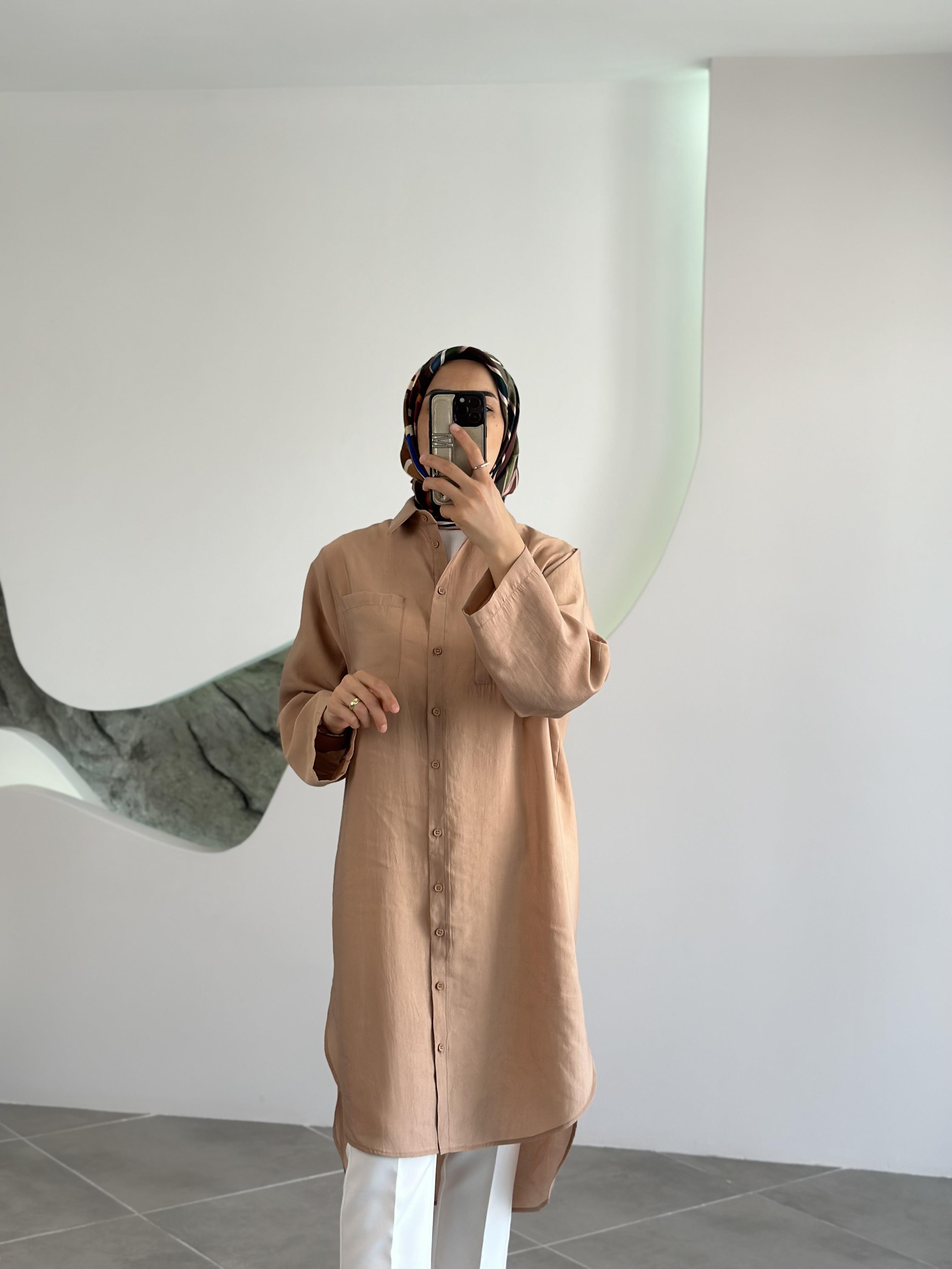 Düğmeli Basic Camel Renk Kadın Uzun Gömlek