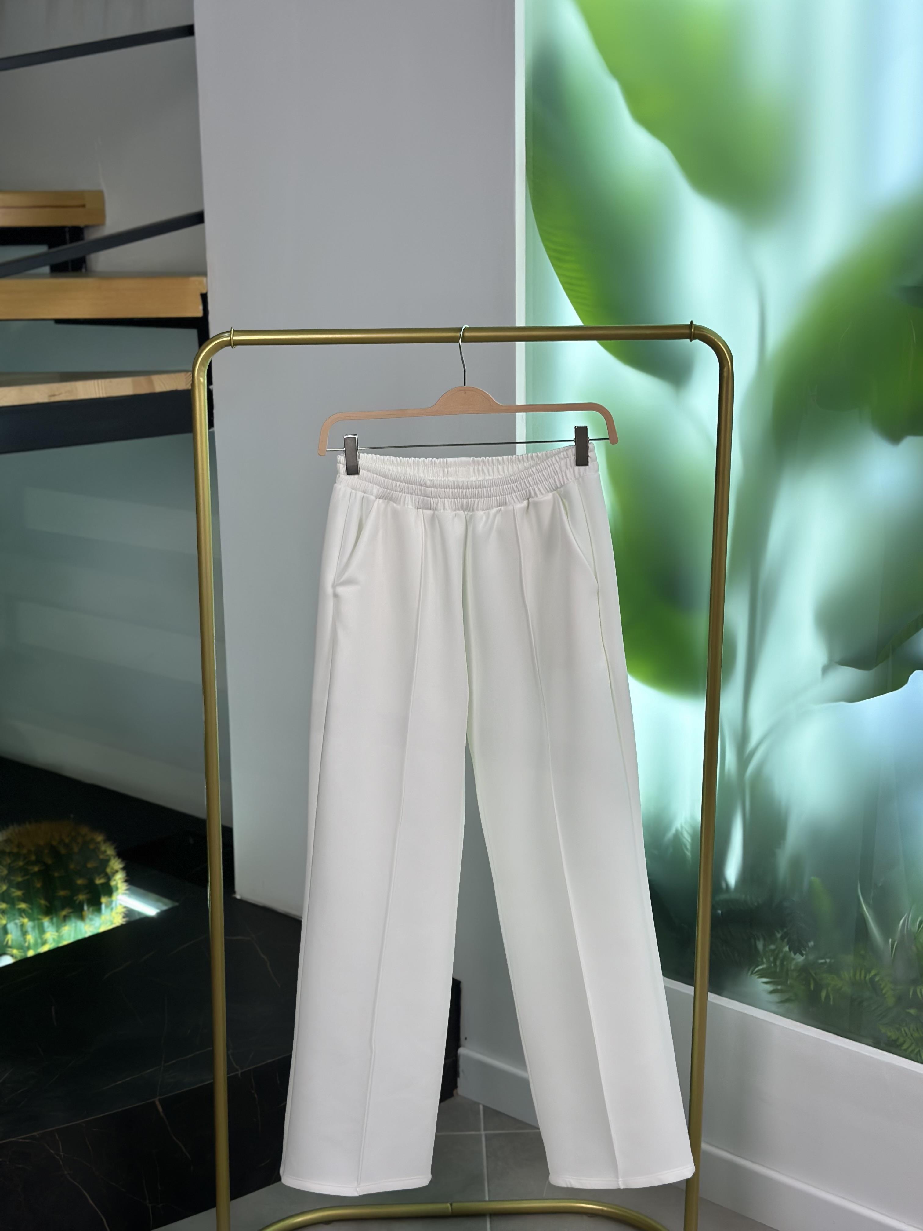 Ekru Renk Scuba Kumaş Nervürlü Kadın Pantolon