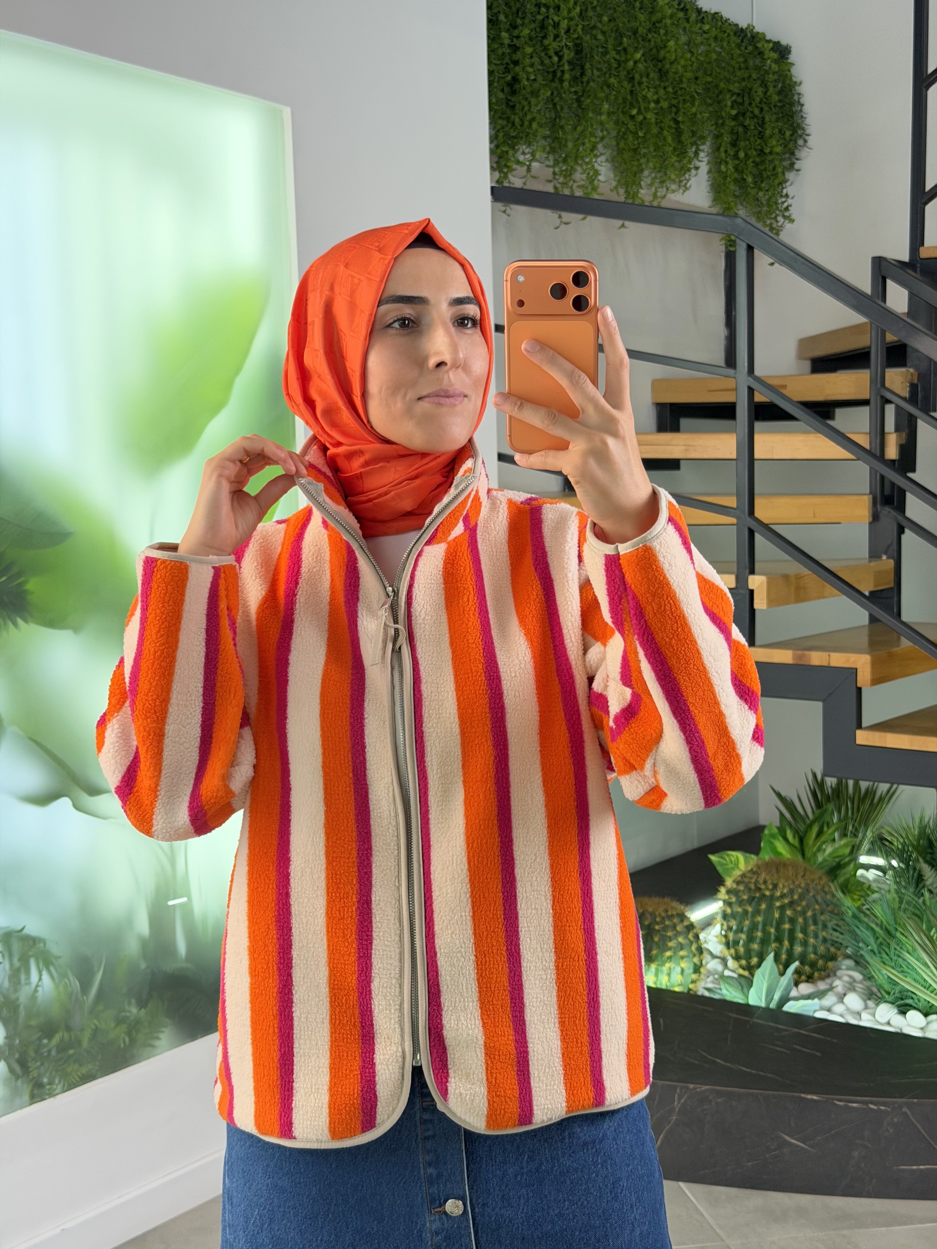Fuşya-Orange Renk Fermuarlı Polar Basic Ceket