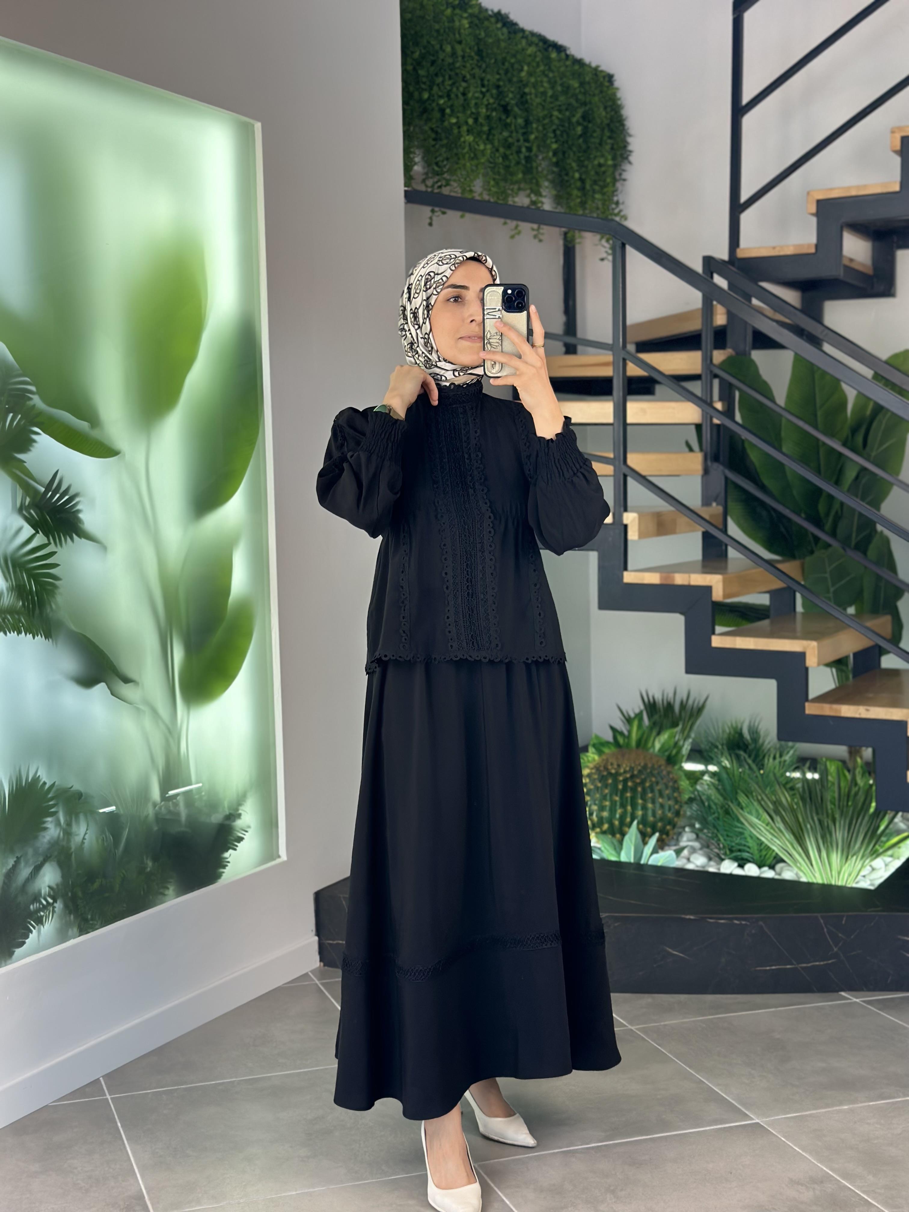 Güpür Garnili Siyah Renk Kadın Etekli Takım