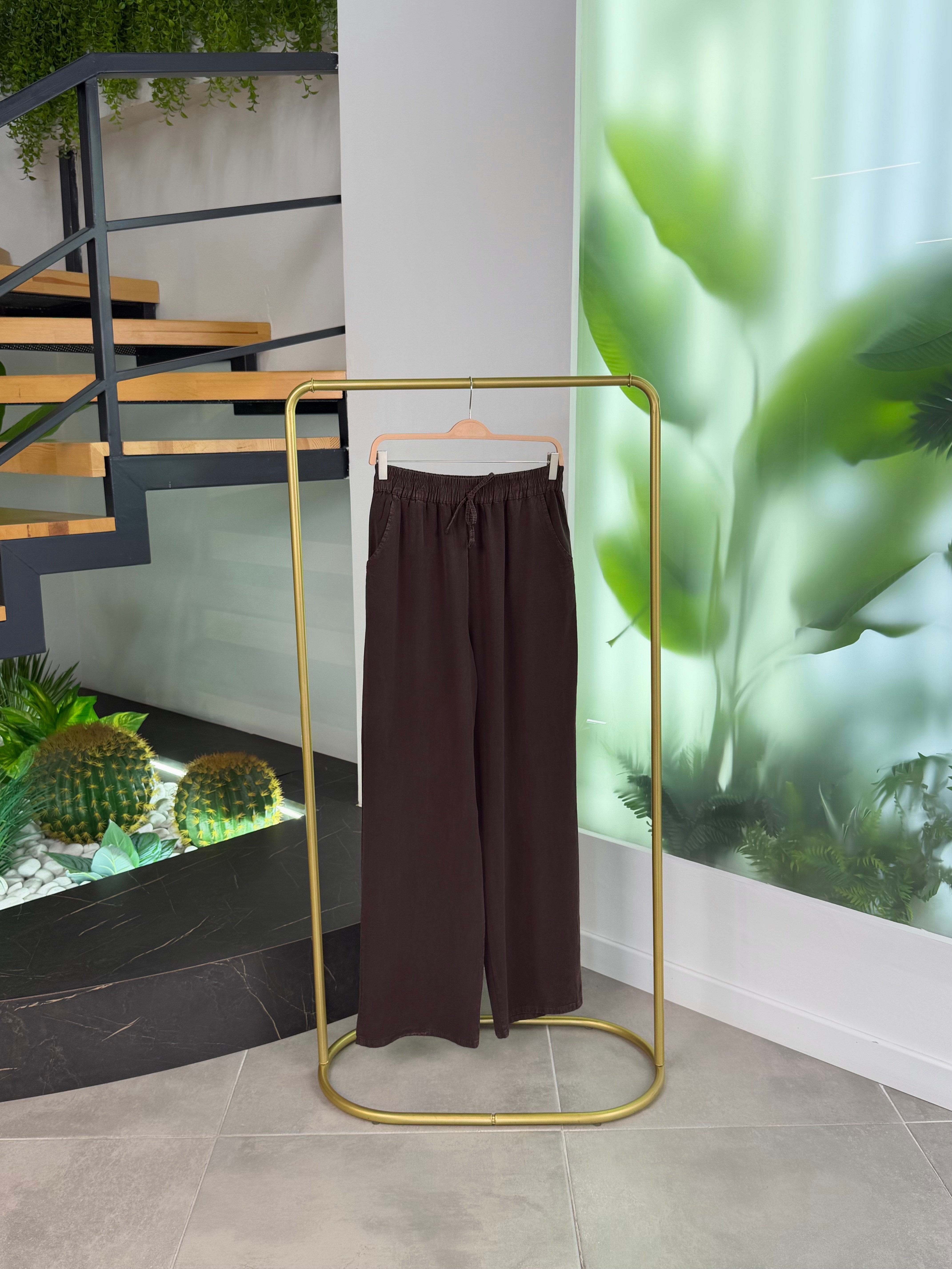 Kahve Renk Beli Lastikli Tensel Pantolon