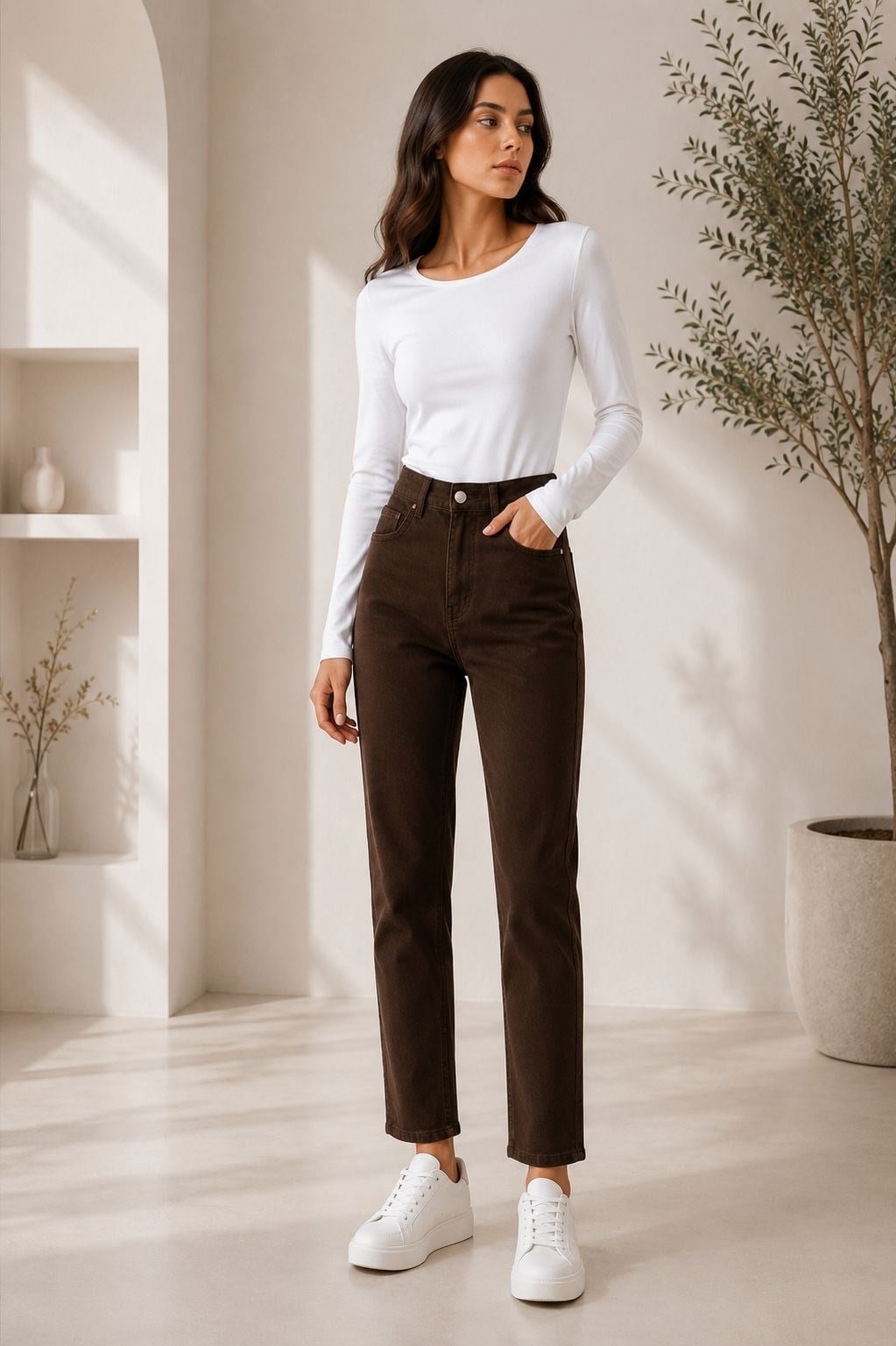 Kahve Renk Dar Paça Beli Lastikli Denim Pantolon