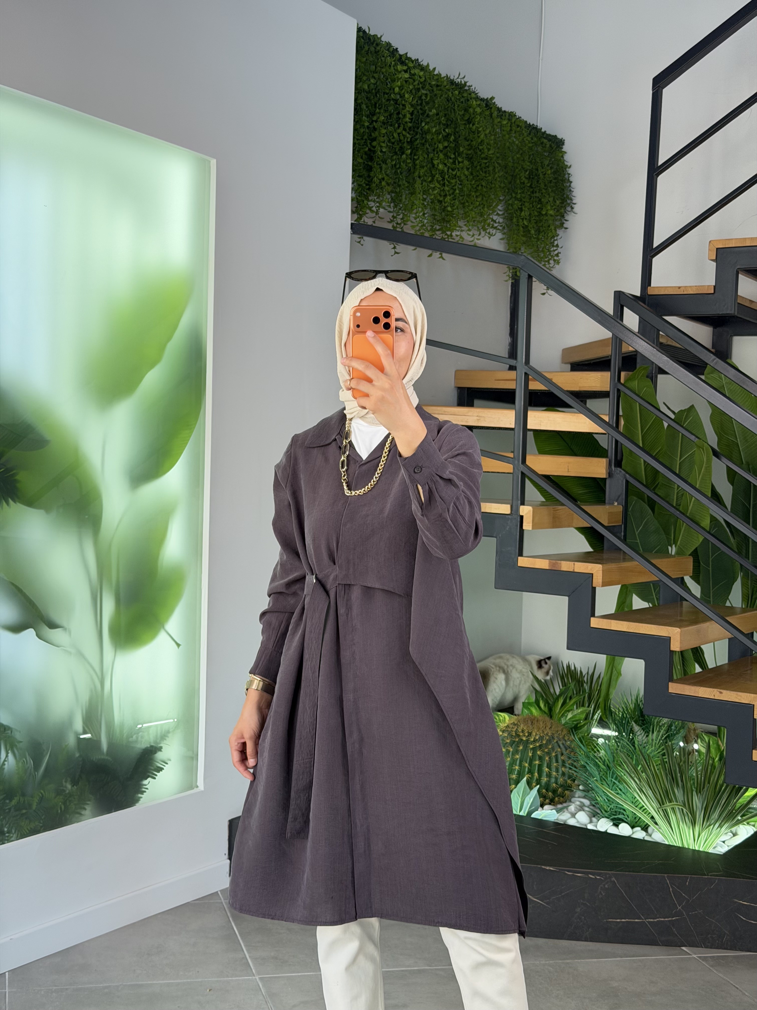 Kahve Renk Doğal Kumaş Kemer Detaylı Tunik Giyçık