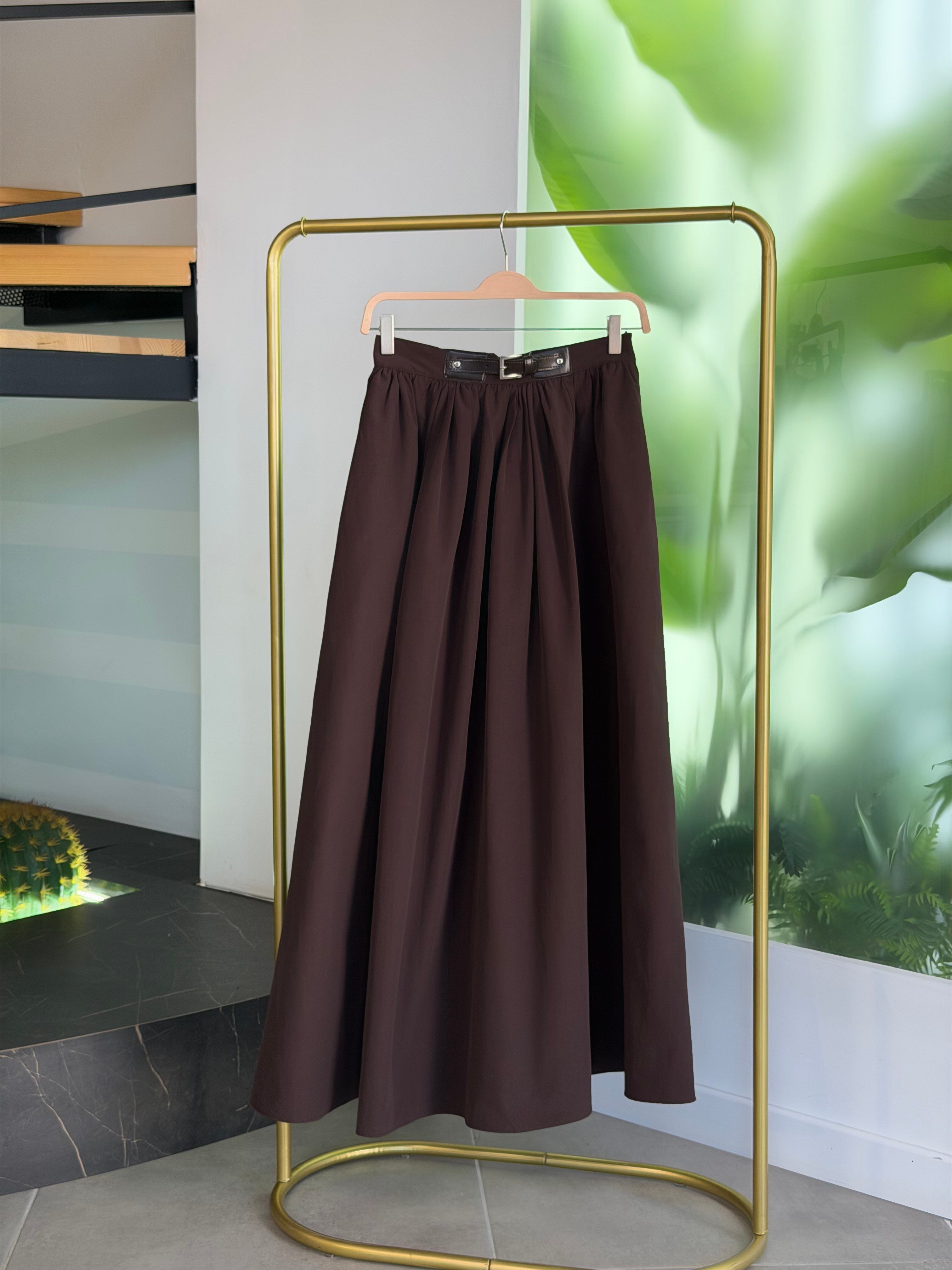Kahve Renk  Kemer Ve Pile Detaylı Cotton Etek