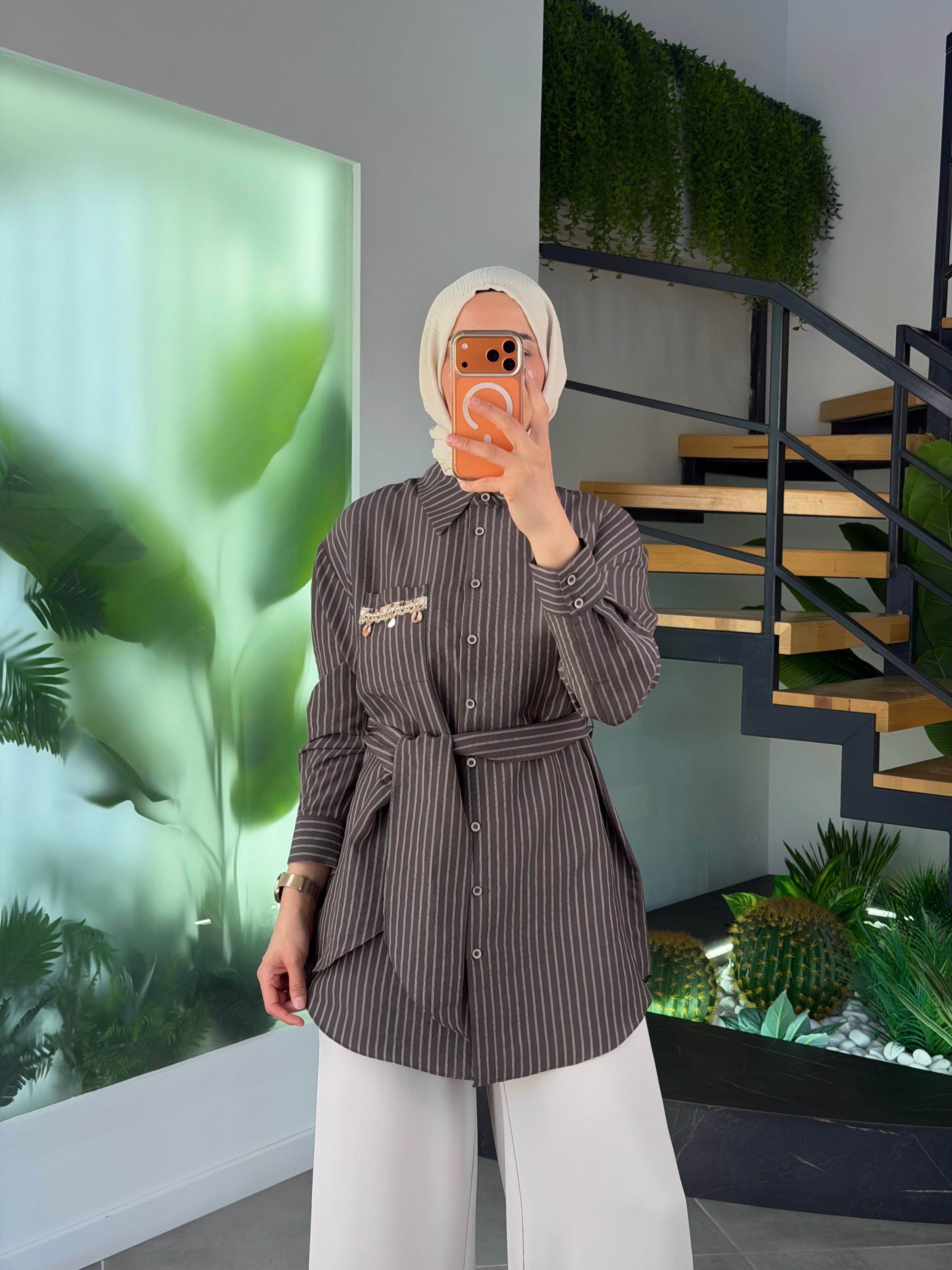 Kahve Renk Modal Kumaş Çizgili Gömlek