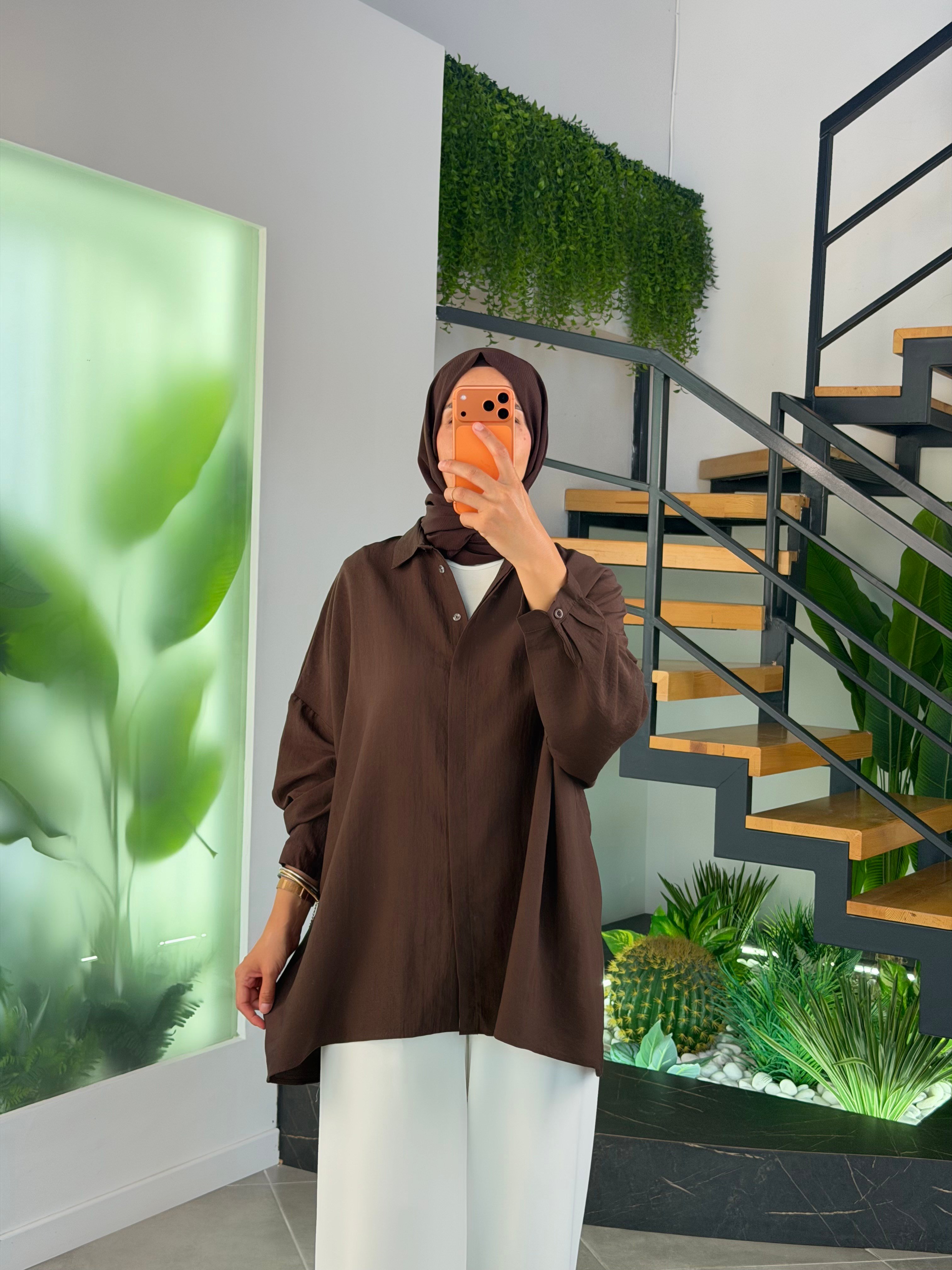 Kahve Renk Yarasa Kol Oversize Basic Gömlek