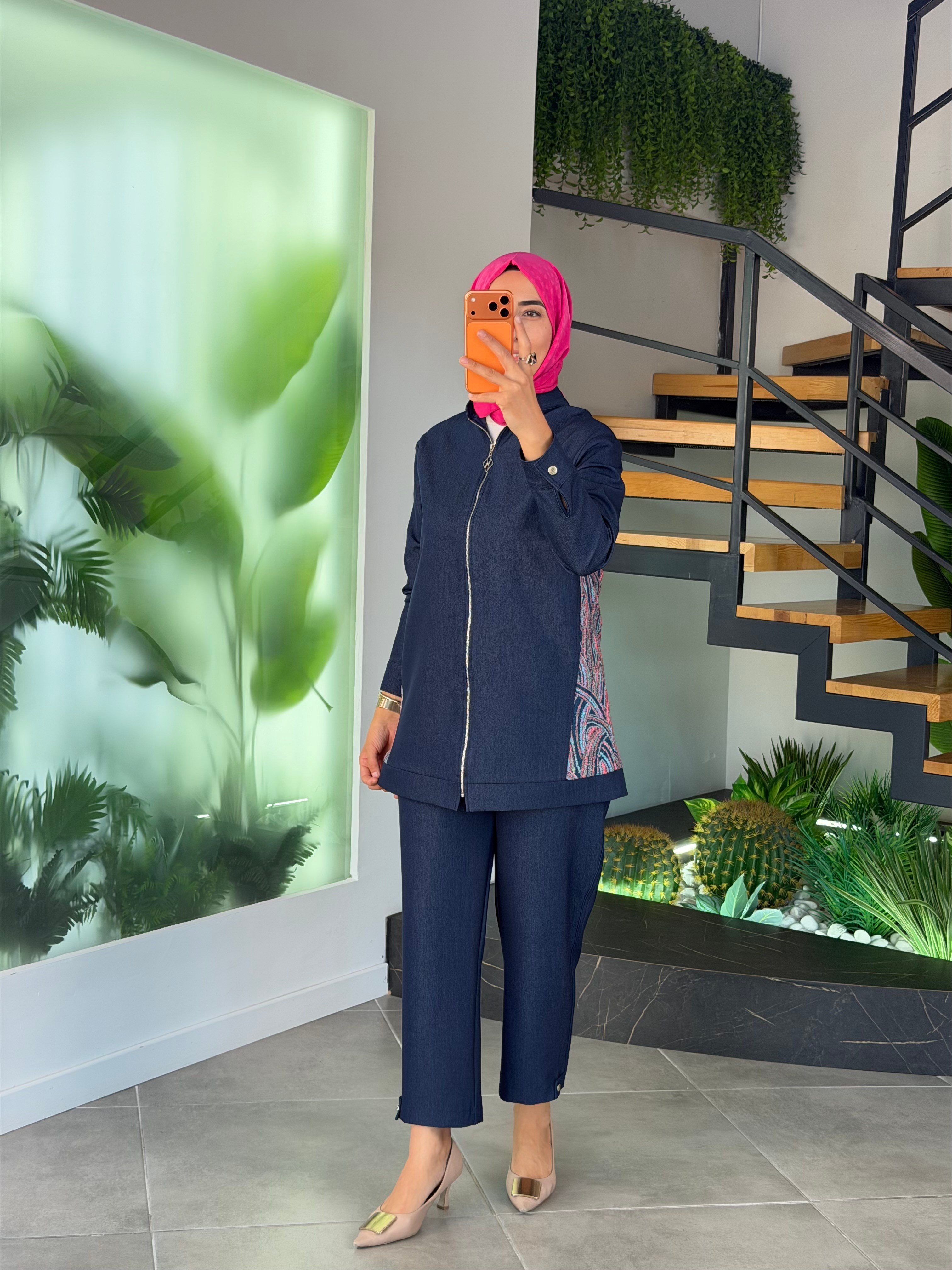 Lacivert Renk Etnik Desen Detaylı Denim Takım 26KT663