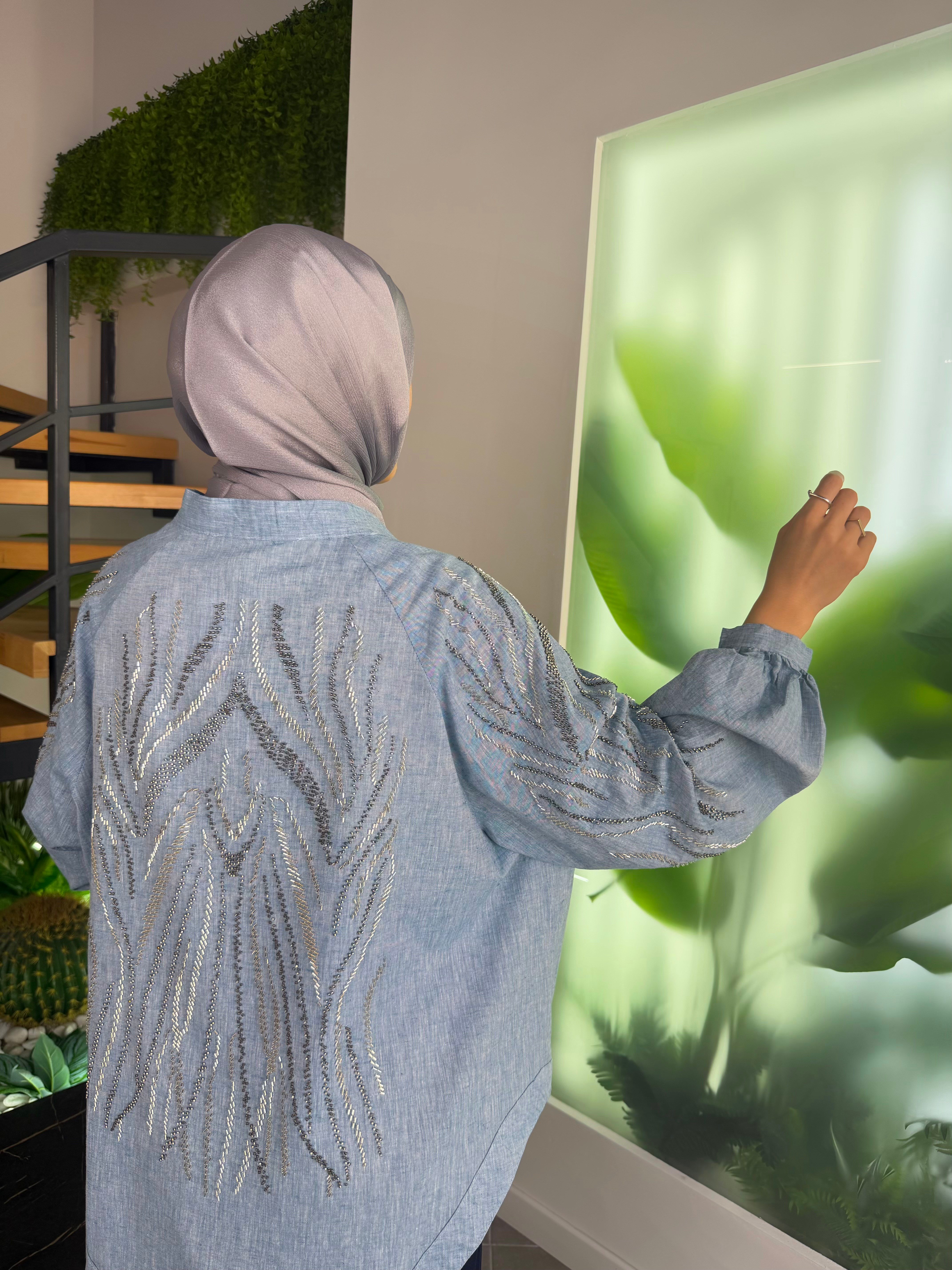 Mavi Renk Boncuk İşlemeli Pamuk Keten Kimono