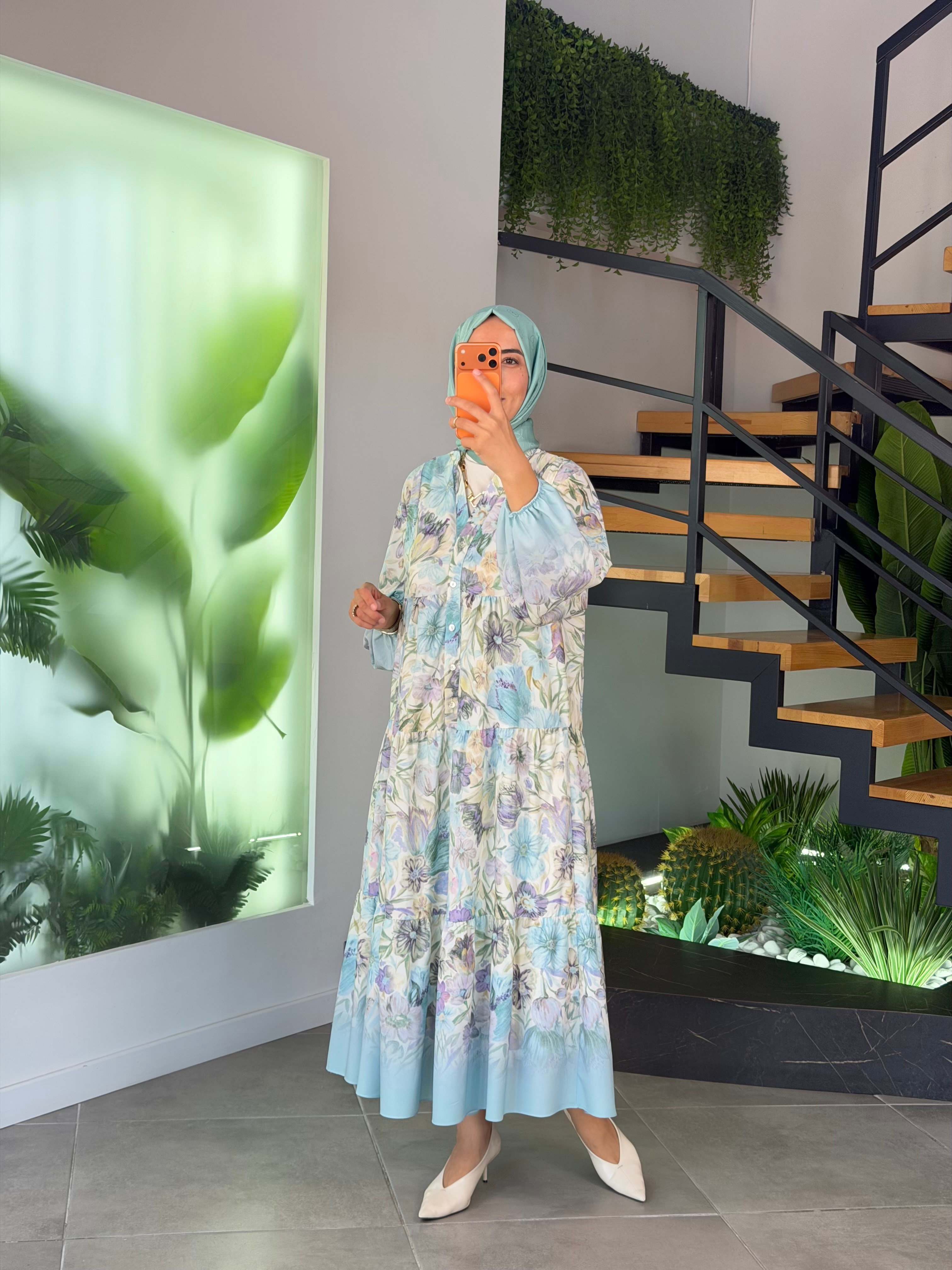 Mavi Renk Soft Çiçek Desenli Yaz Elbisesi