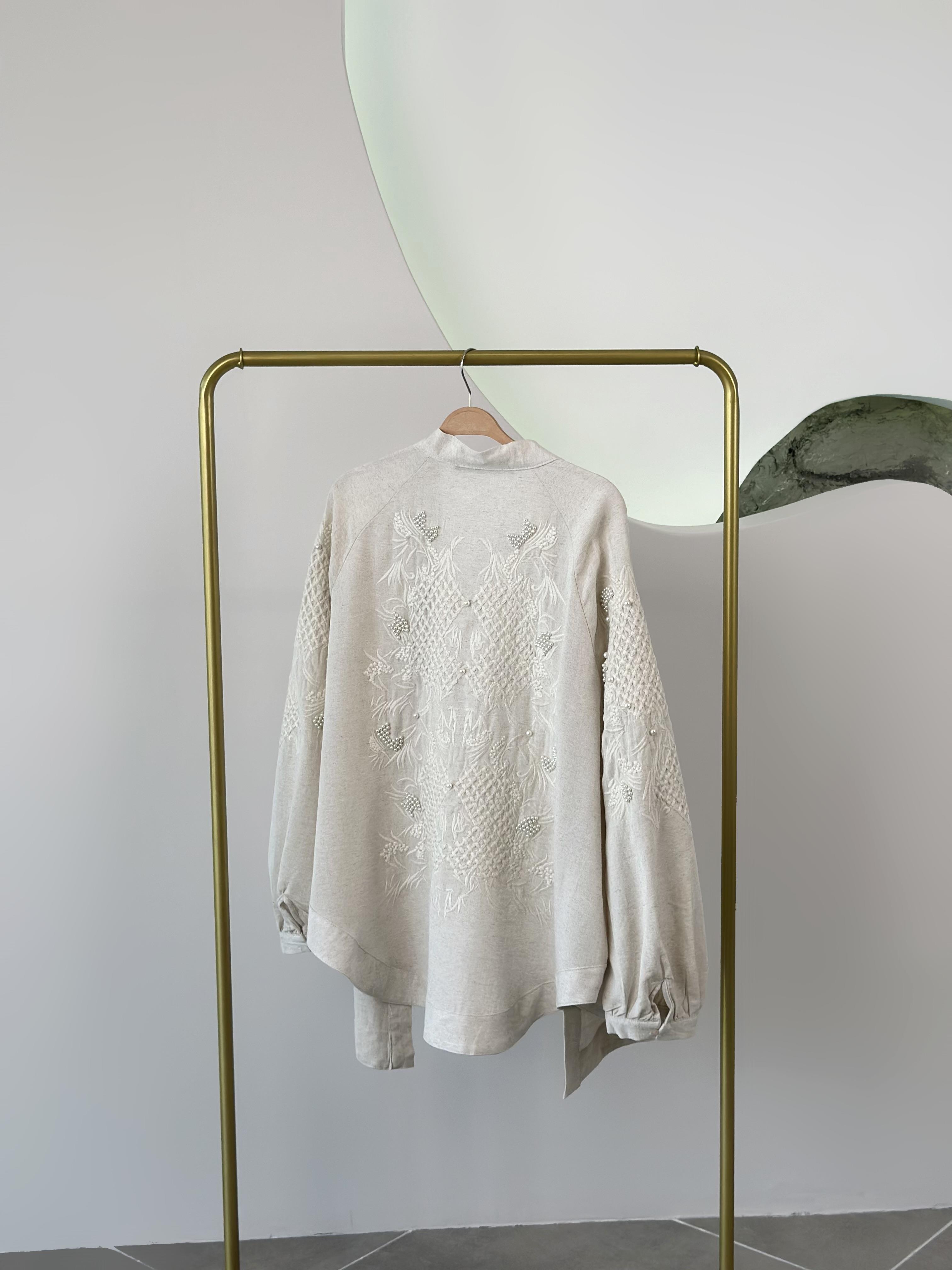 Natural Kumaş İnci İşlemeli Orjinal Renk Kadın Kimono