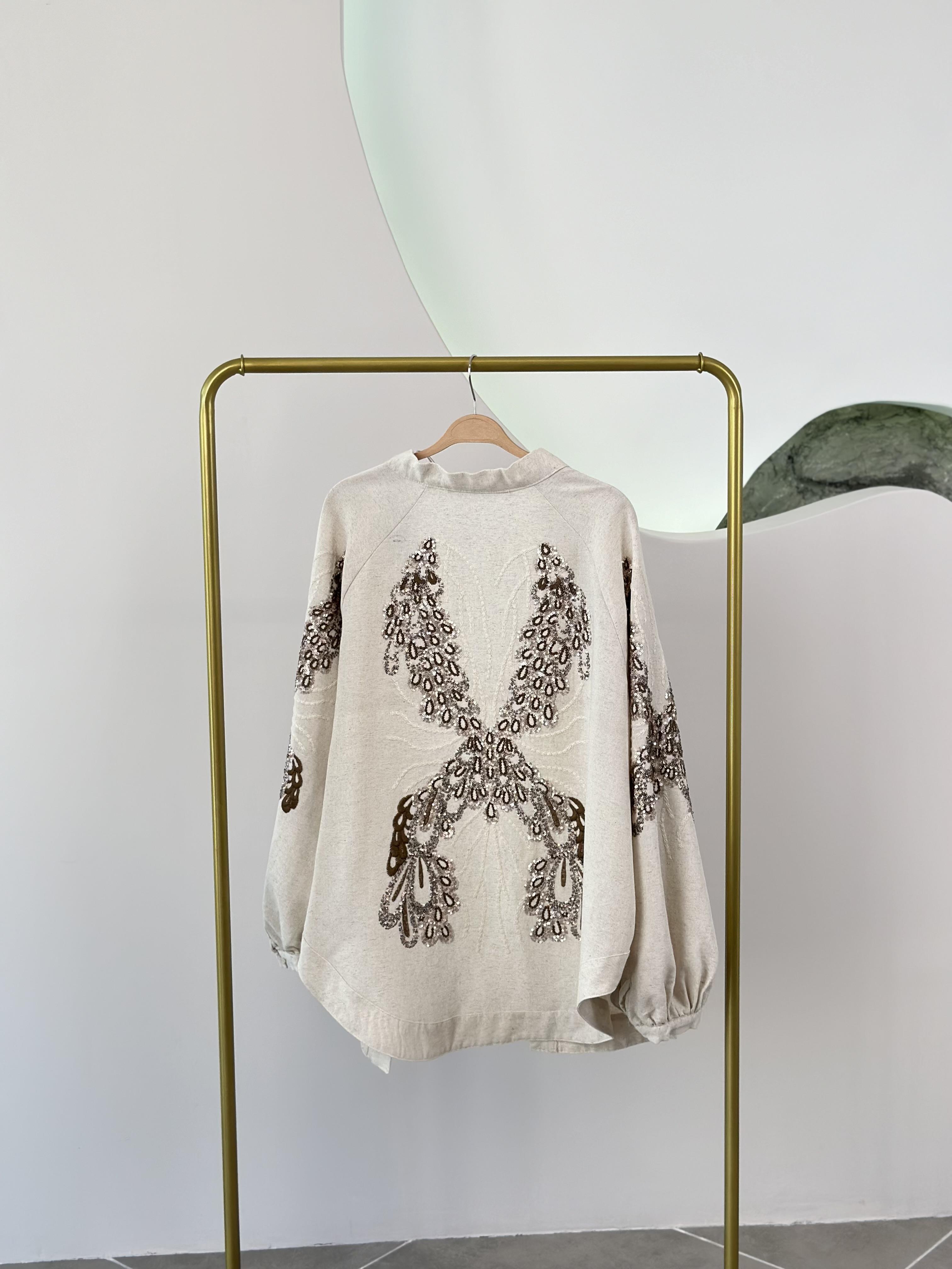 Natural Kumaş Nakışlı Ve Pul İşlemeli Bakır Renk Kadın Kimono