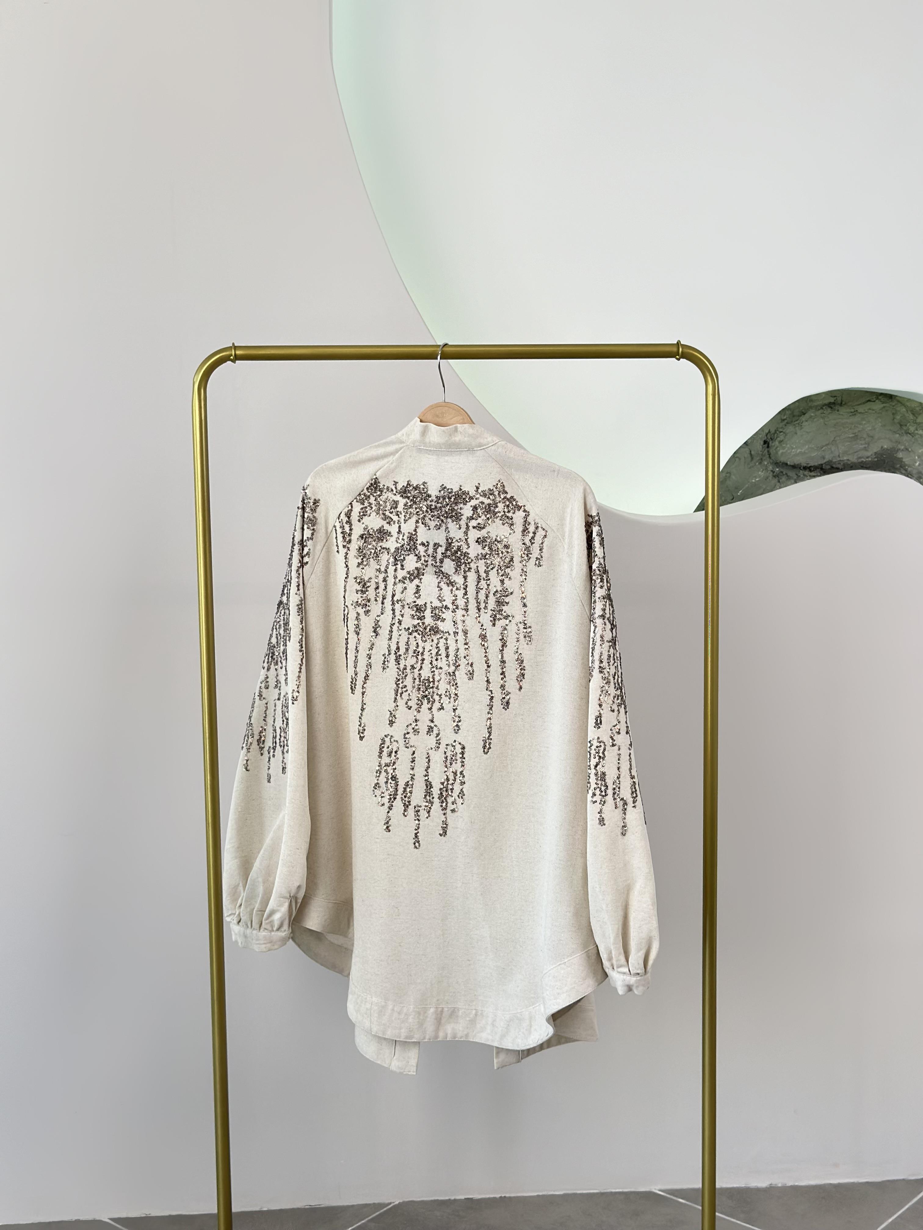 Natural Kumaş Pul Nakışlı Kahve Renk Kadın Kimono