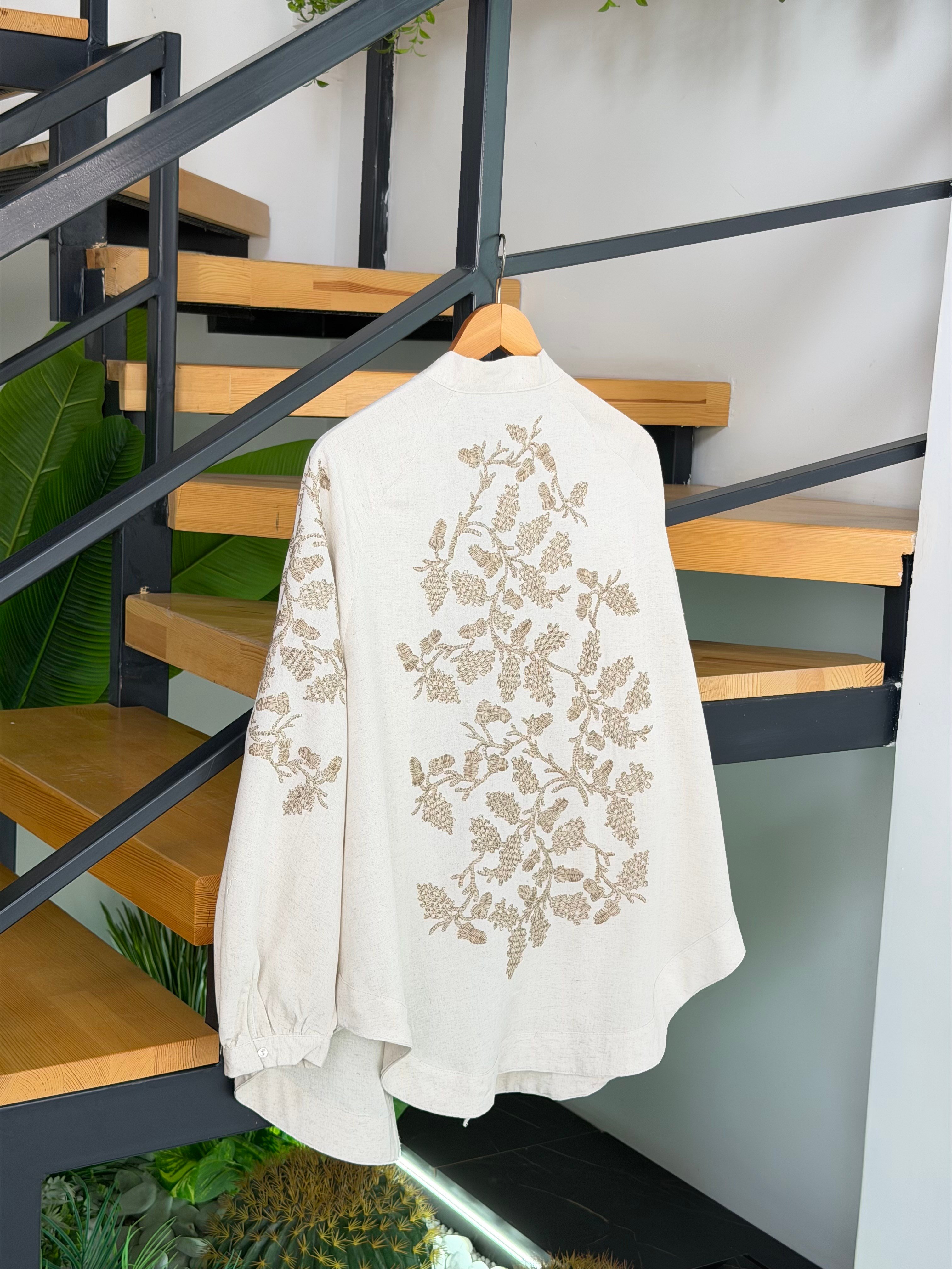 Naturel Renk Nakış İşlemeli Kimono