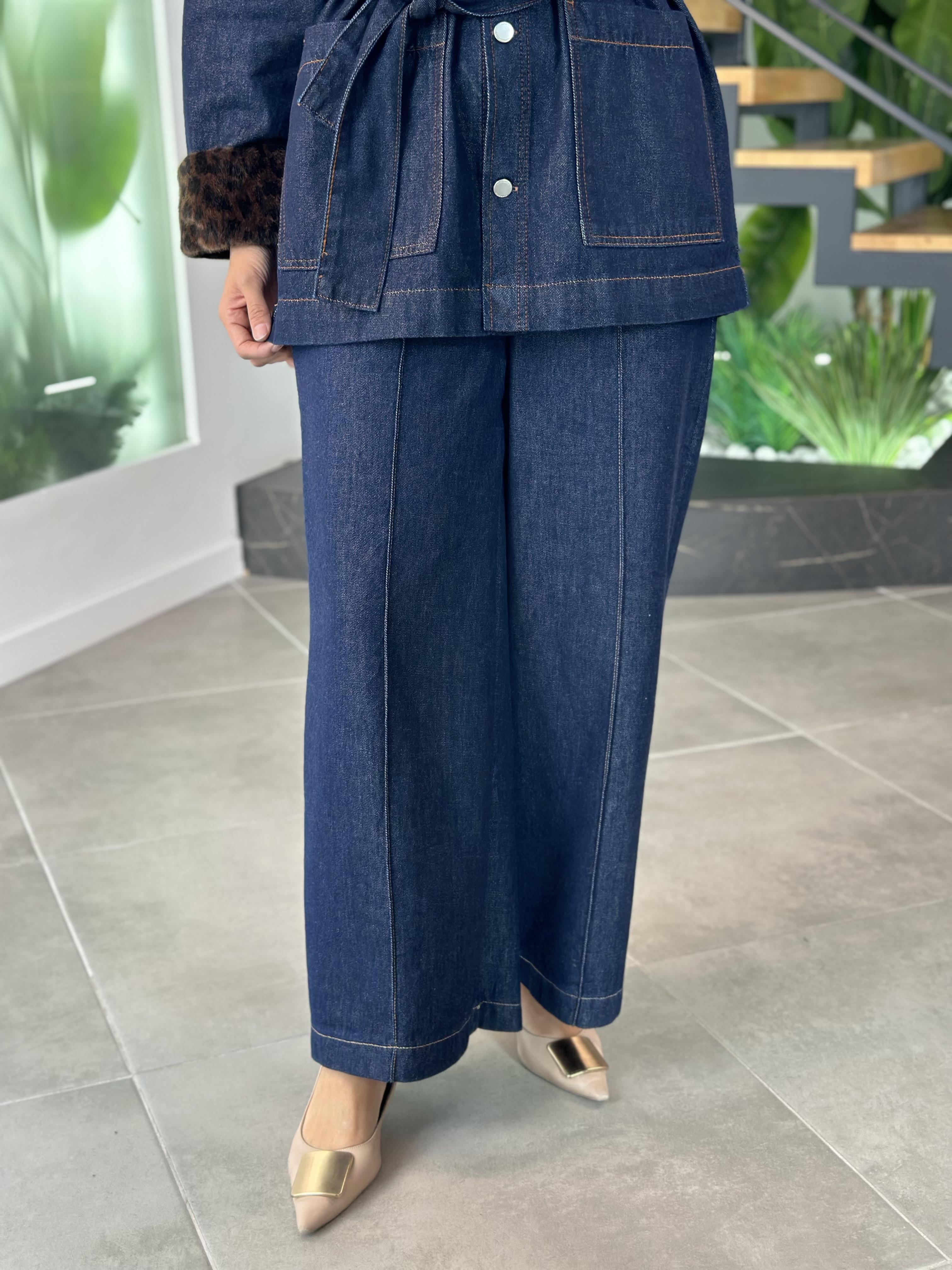 Nervürlü Geniş  Paça Lacivert Renk Kadın Denim Pantolon