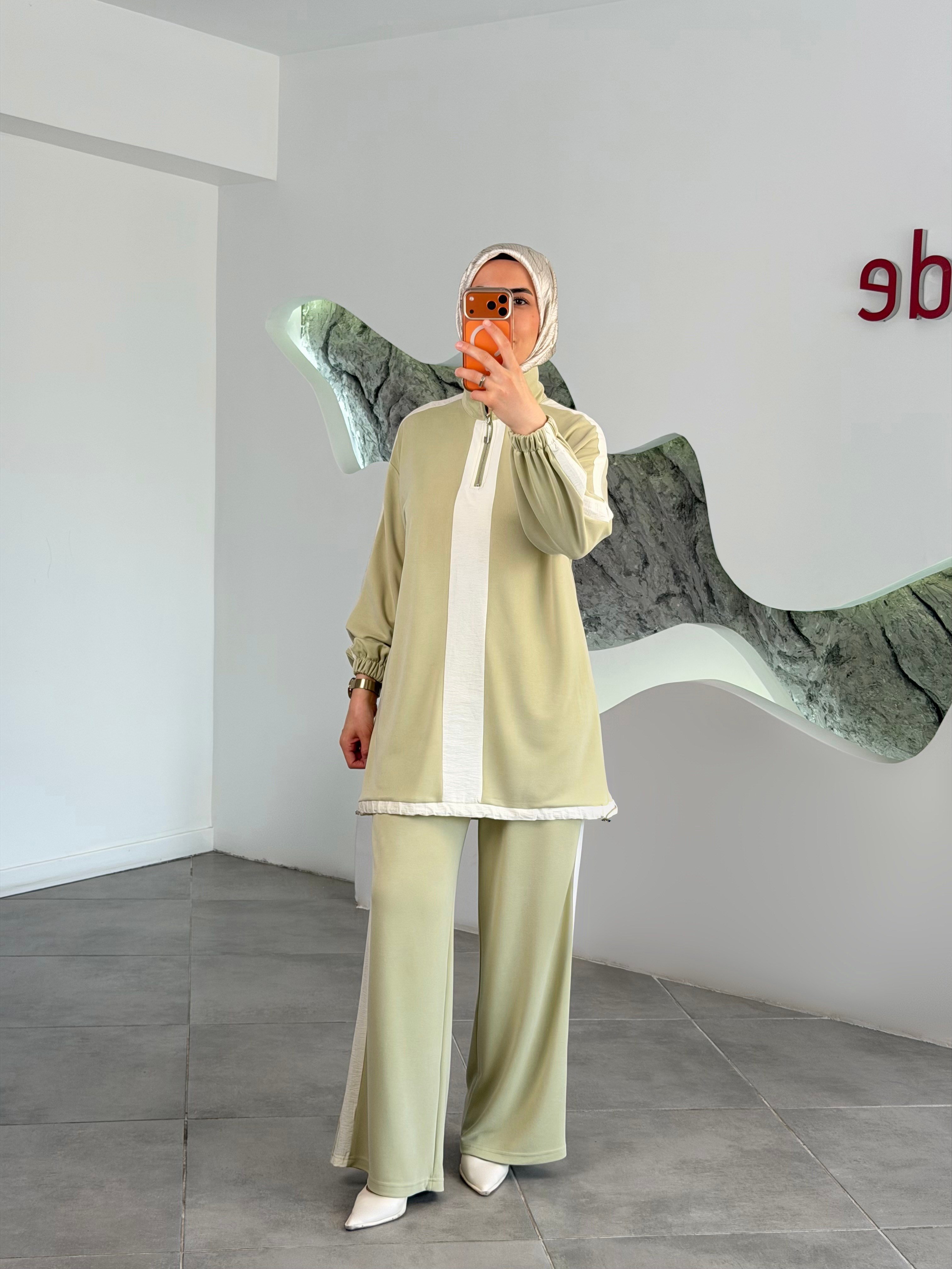 Olive Renk Paraşüt Kumaş Garnili İkili Takım