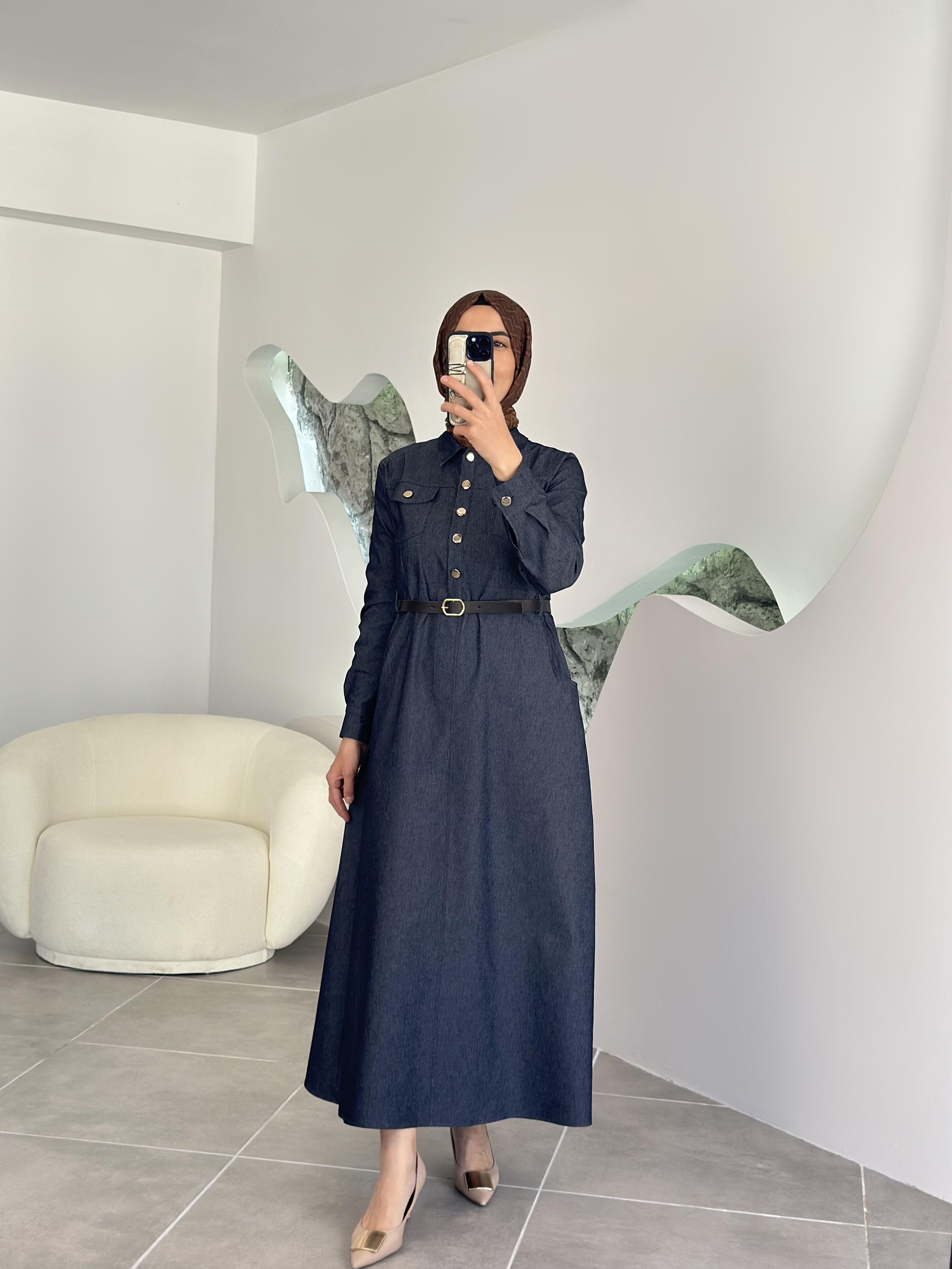 Önü Düğmeli Kemerli Koyu Mavi Kadın Denim Elbise