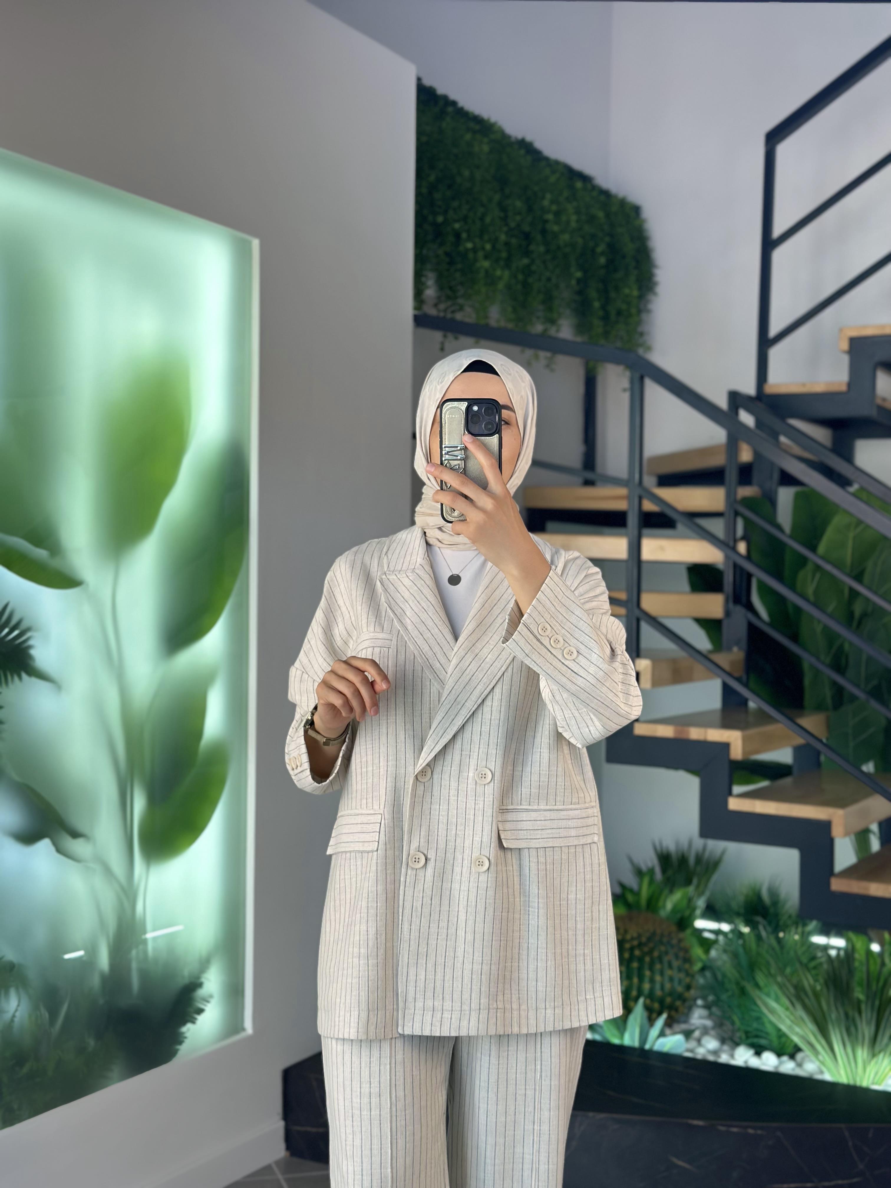Oversize Çizgili Bej Renk Kadın Blazer Ceket