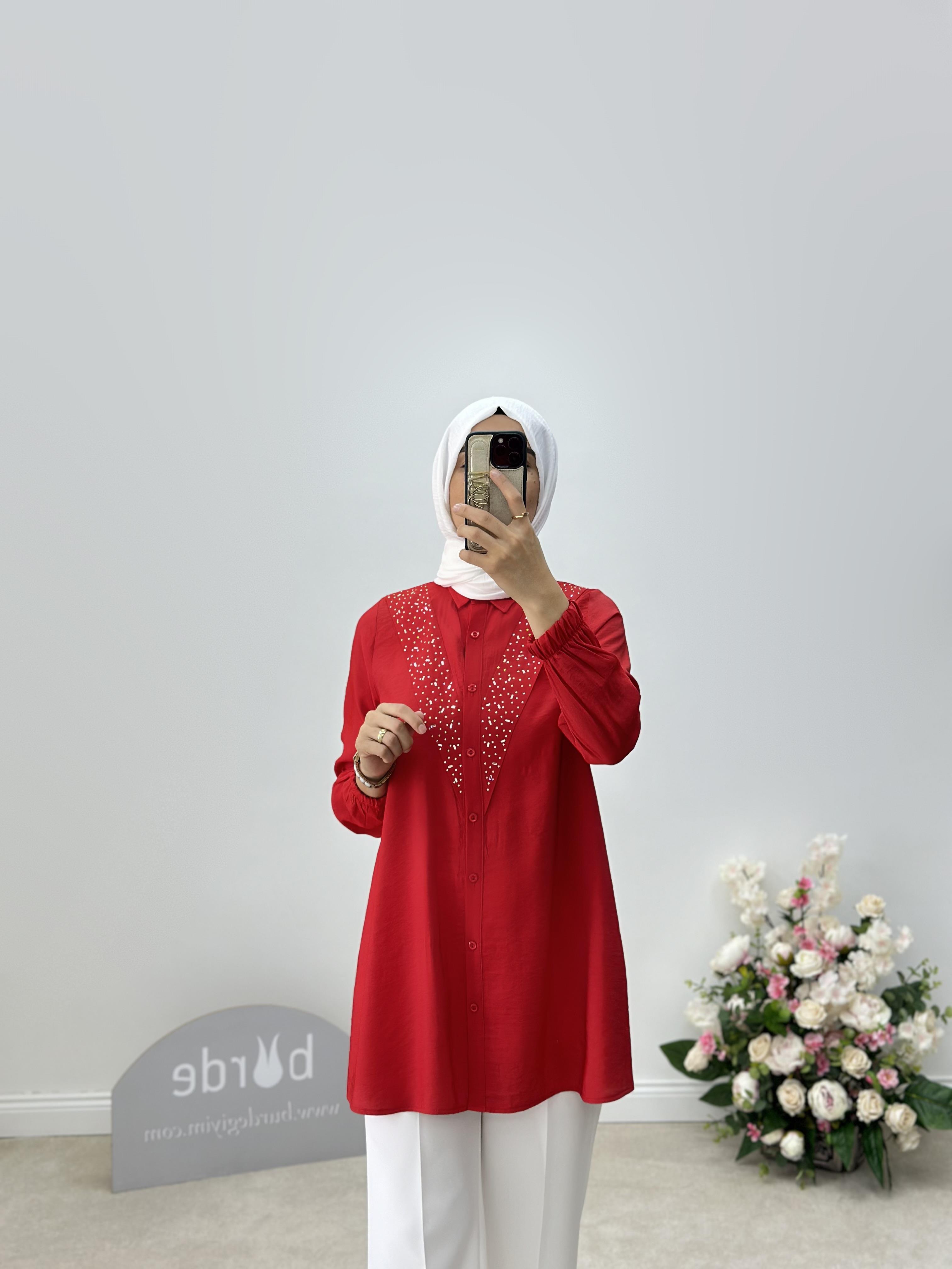 Pamuklu Taş Detaylı Modal Gömlek