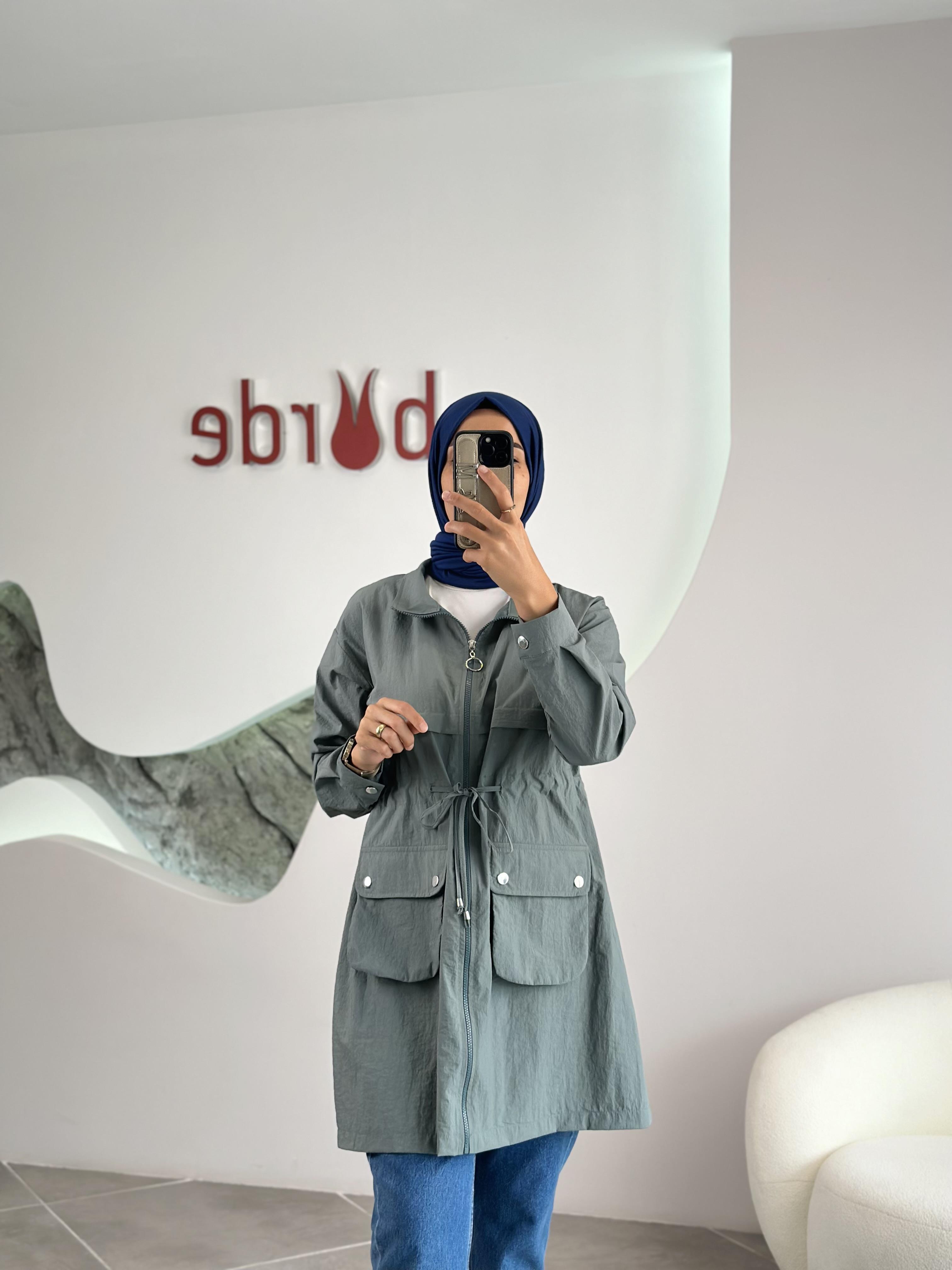 Paraşüt Kumaş Torba Cepli Mint Renk Kadın Ceket