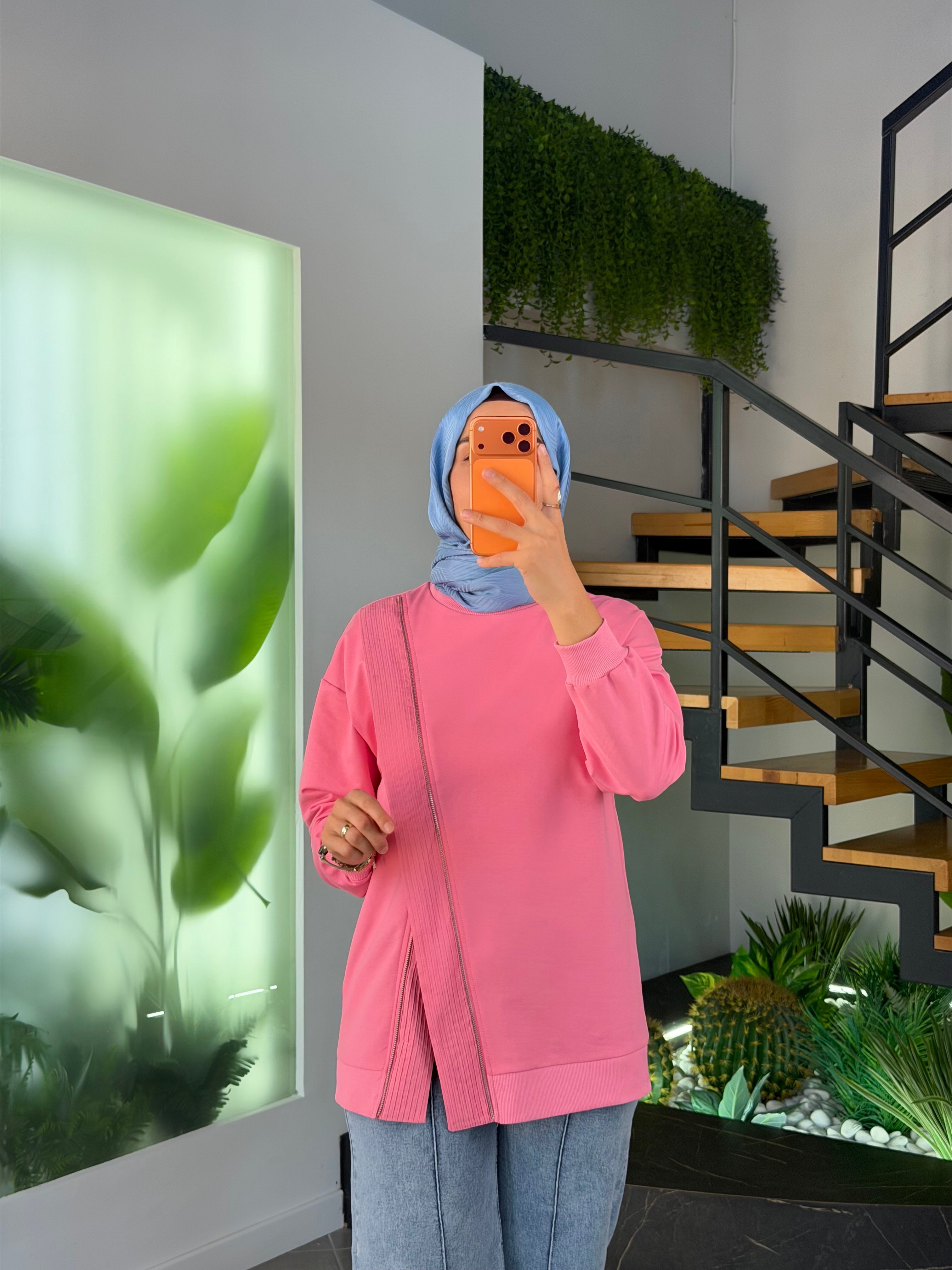 Pembe Renk Fermuar Detaylı Sweatshırt