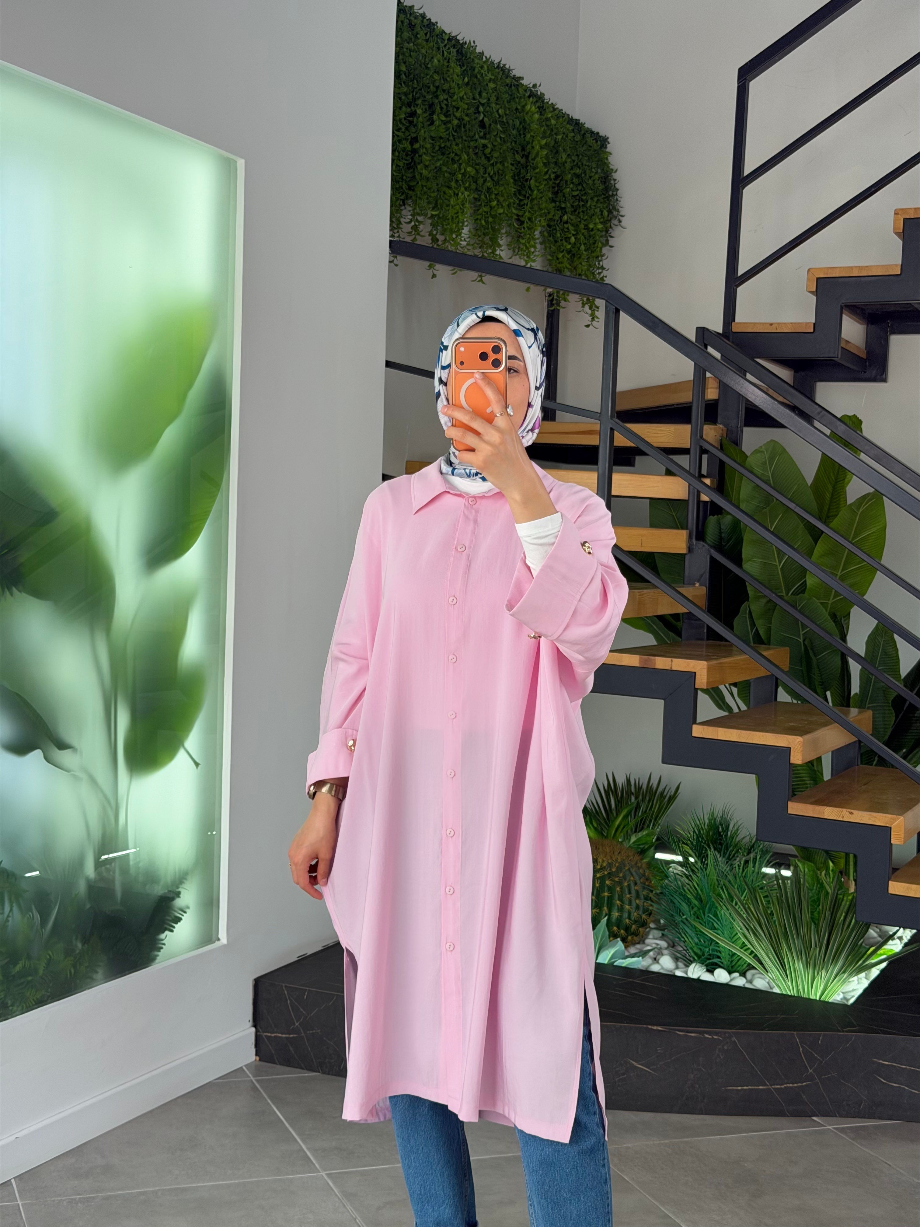 Pembe Renk Kol Manşet Detaylı Gömlek Tunik