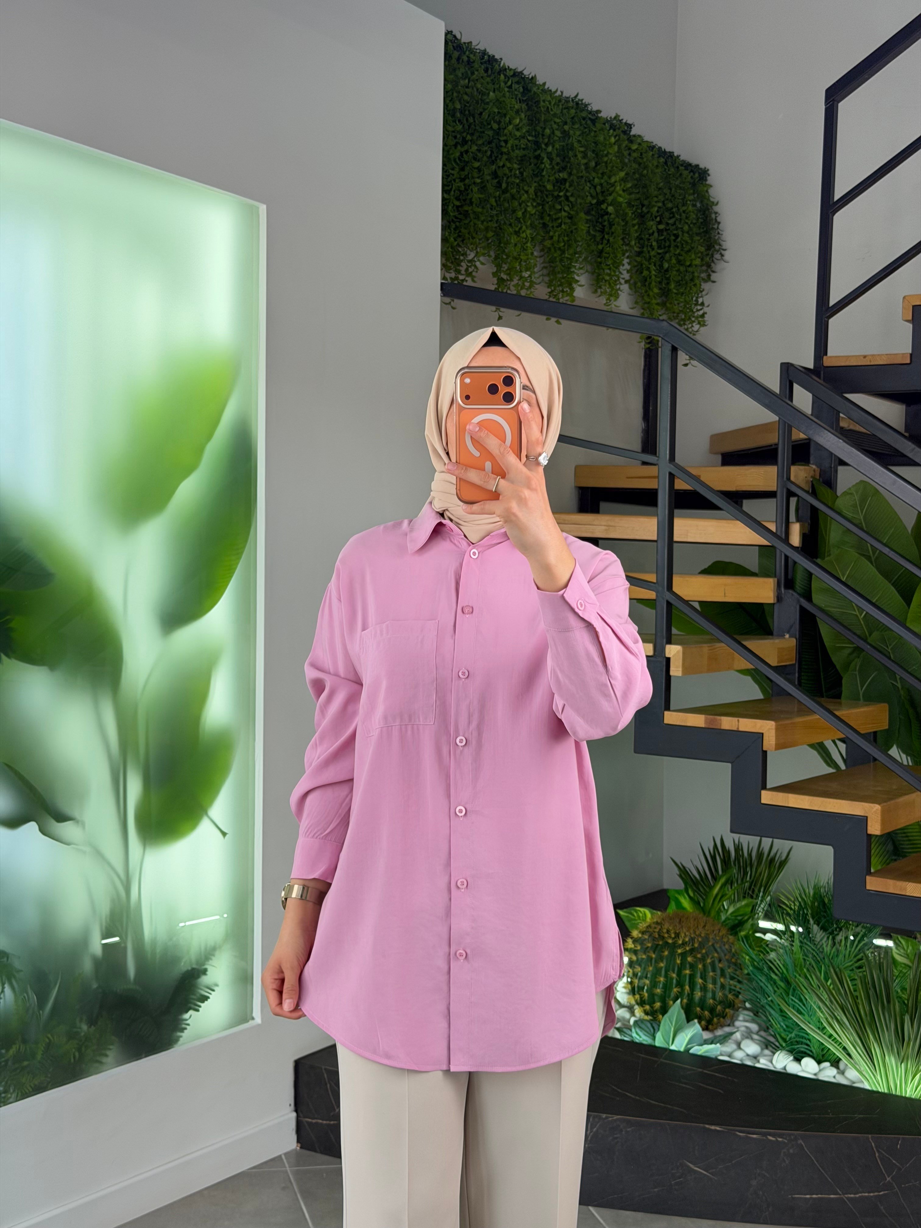 Pembe Renk Rayon Kumaş Basic Gömlek